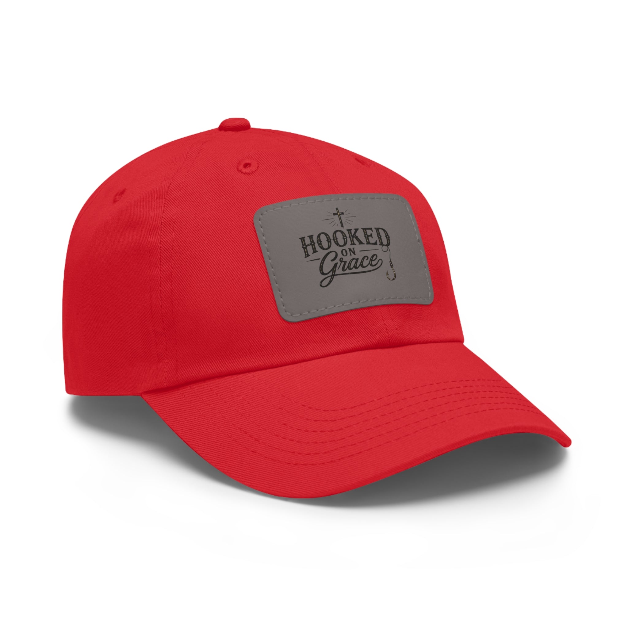 Hooked on Grace Leather Patch Dad Hat — Fishing Faith Embroidered Cap