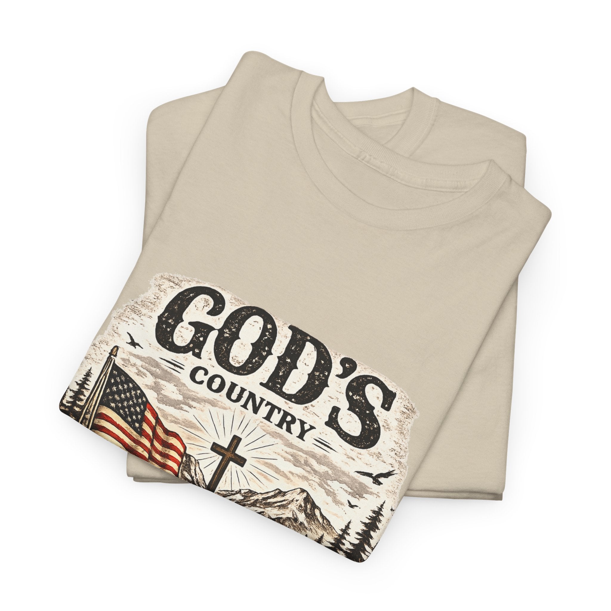 God's Country T-Shirt — American Flag, Cross & Rustic Mountain Vintage Graphic Tee
