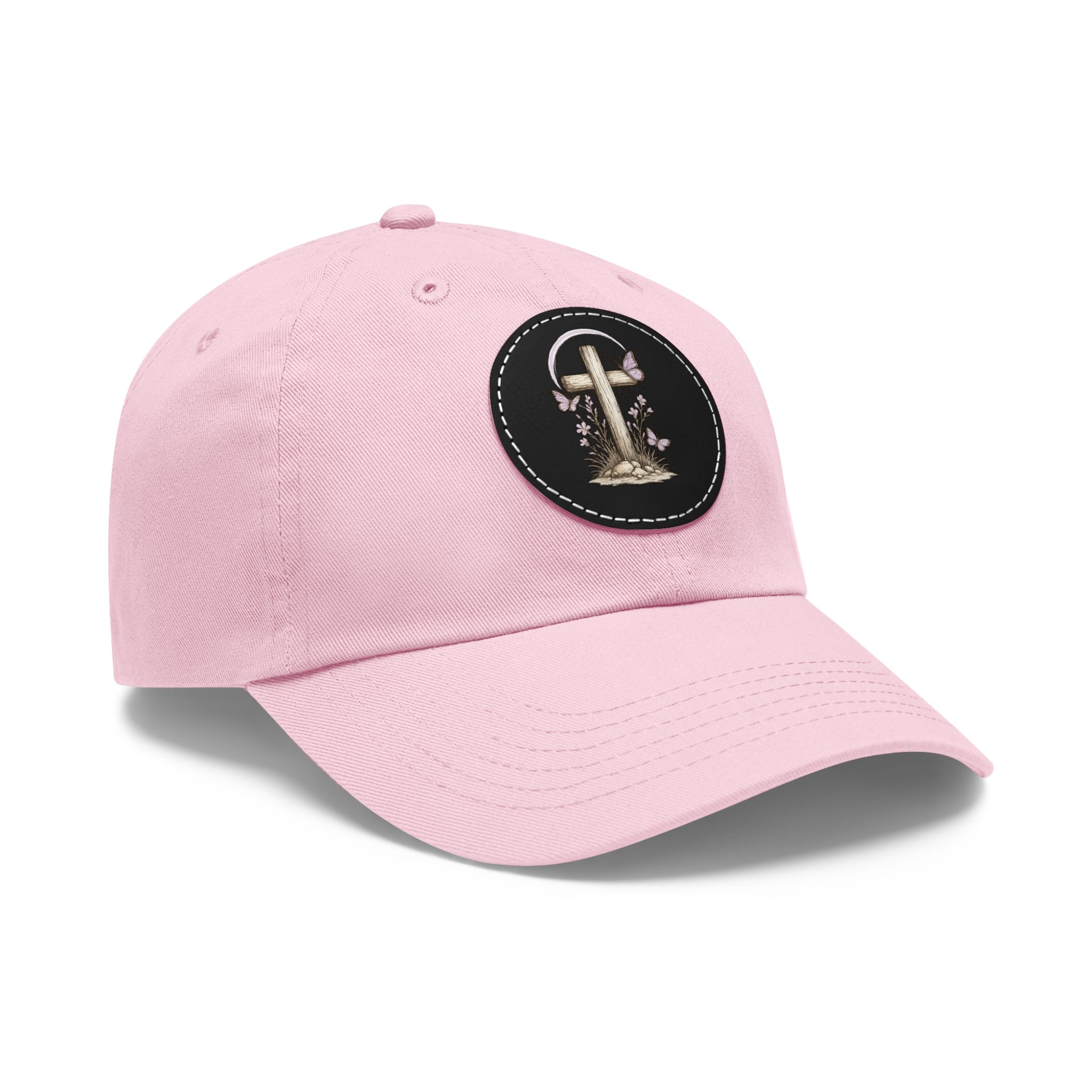 Dad Hat — Round Leather Patch Cross & Flowers Embroidered Design
