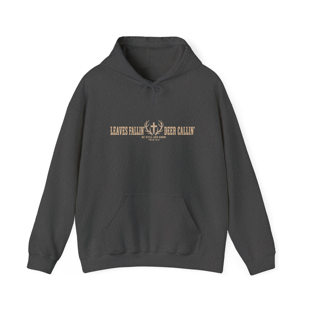 Leaves Fallin’, Deer Callin’ Hoodie — Rustic Christian Deer Hunting Hoodie