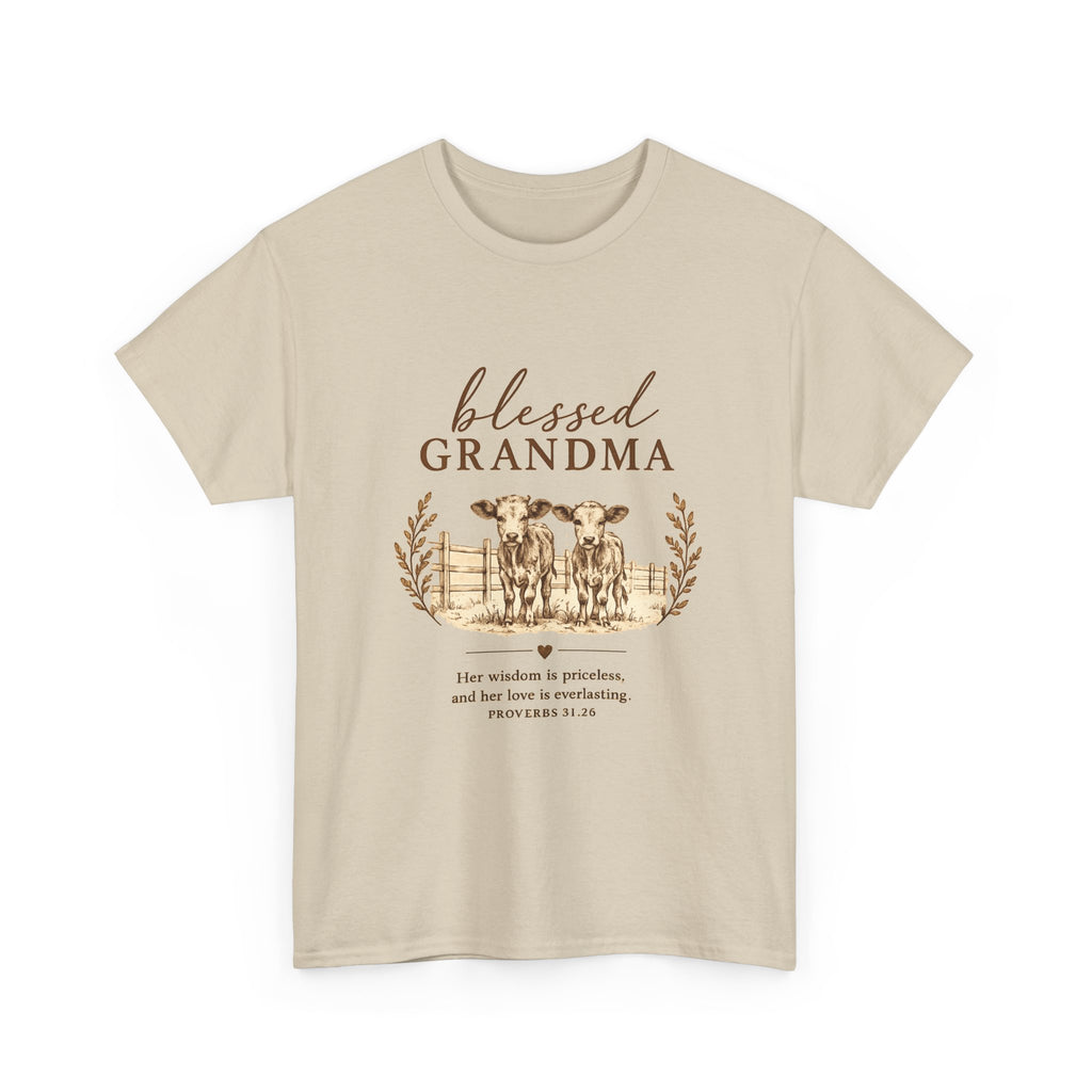 Blessed Grandma T-Shirt — Floral Cow Plaid Farmhouse Tee (Proverbs 31:28)