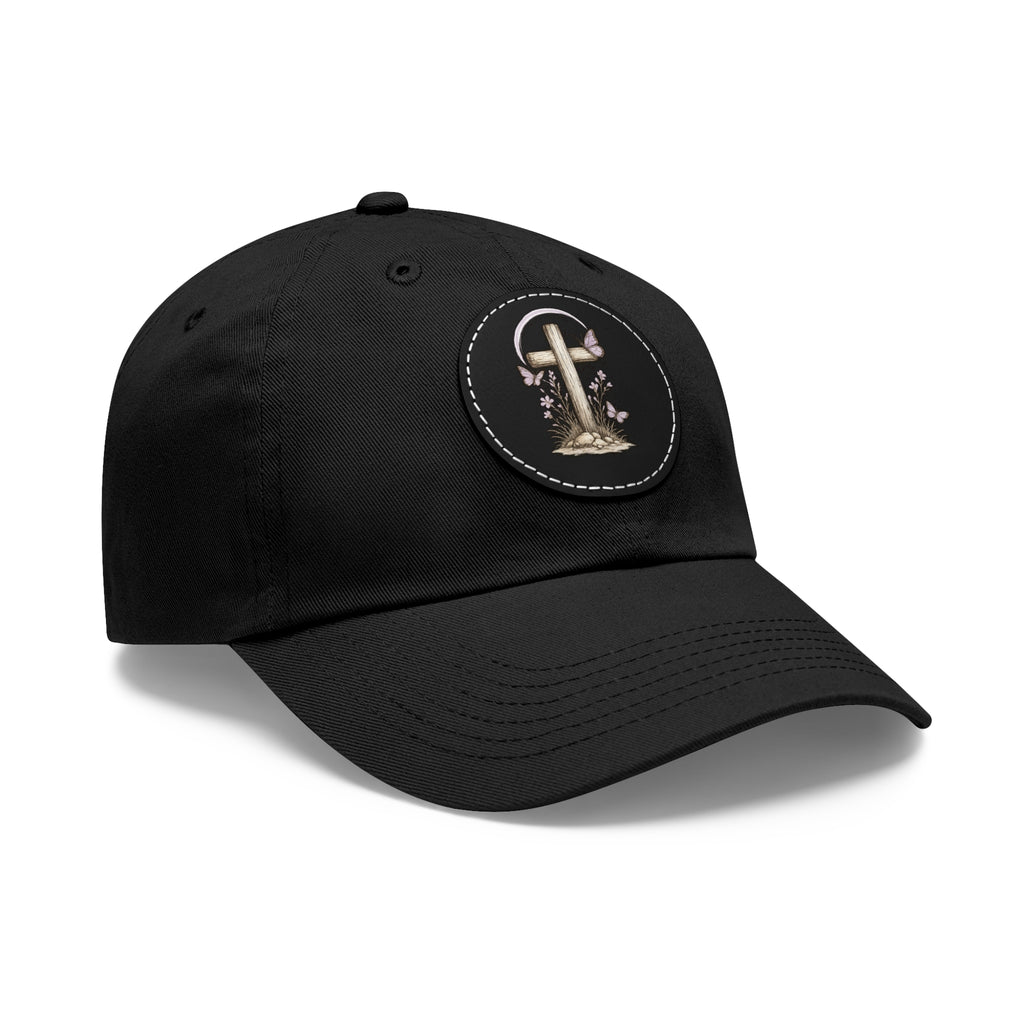 Dad Hat — Round Leather Patch Cross & Flowers Embroidered Design