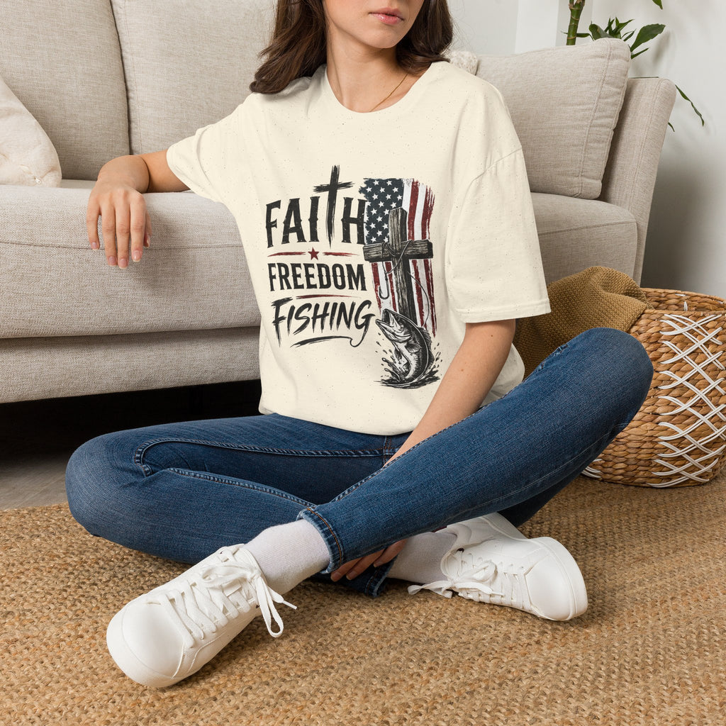 Faith & Freedom T-Shirt — American Flag Cross Fishing Graphic