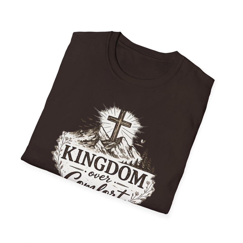 Kingdom Over Comfort Christian T-Shirt – Faith Cross Mountain Graphic
