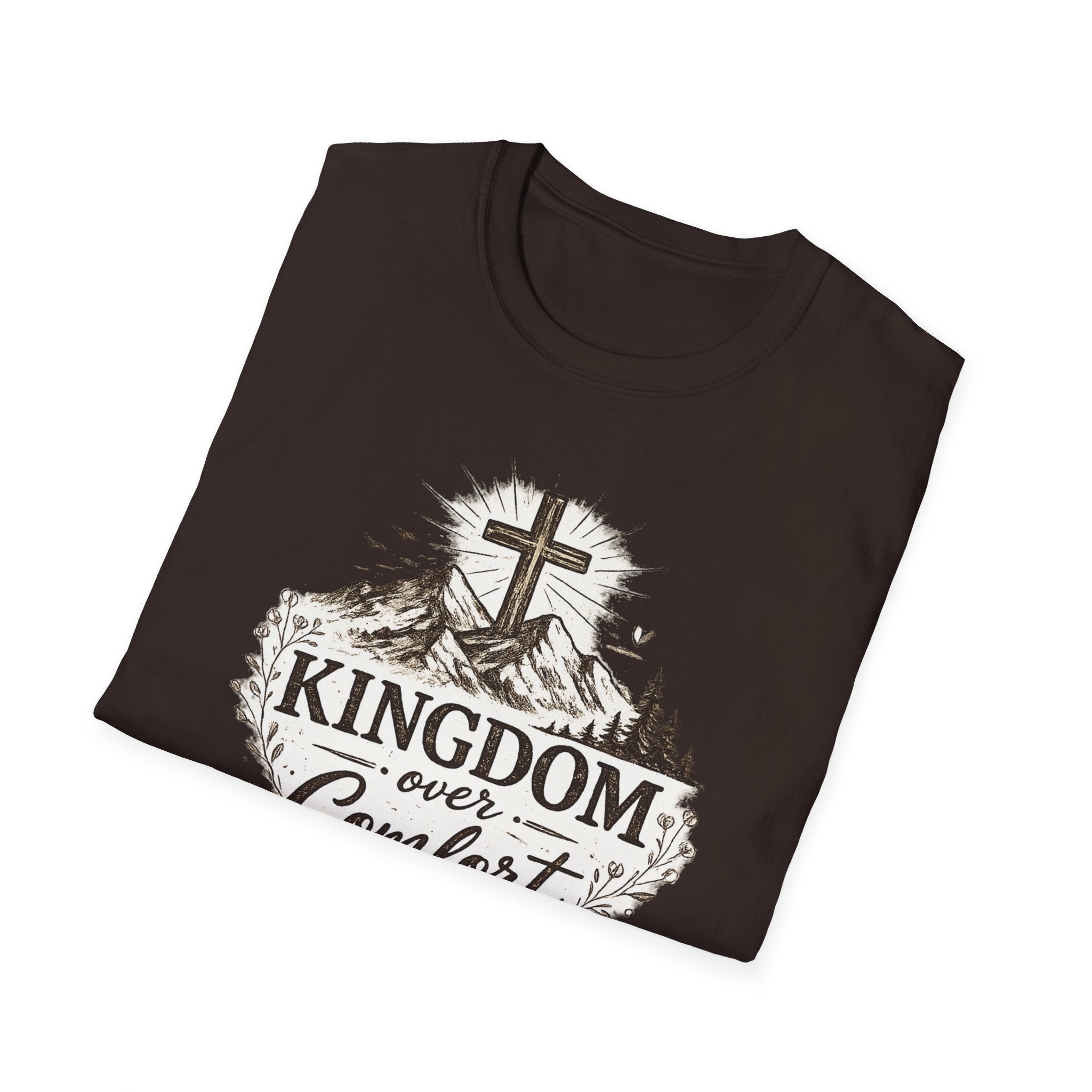 Kingdom Over Comfort Christian T-Shirt – Faith Cross Mountain Graphic