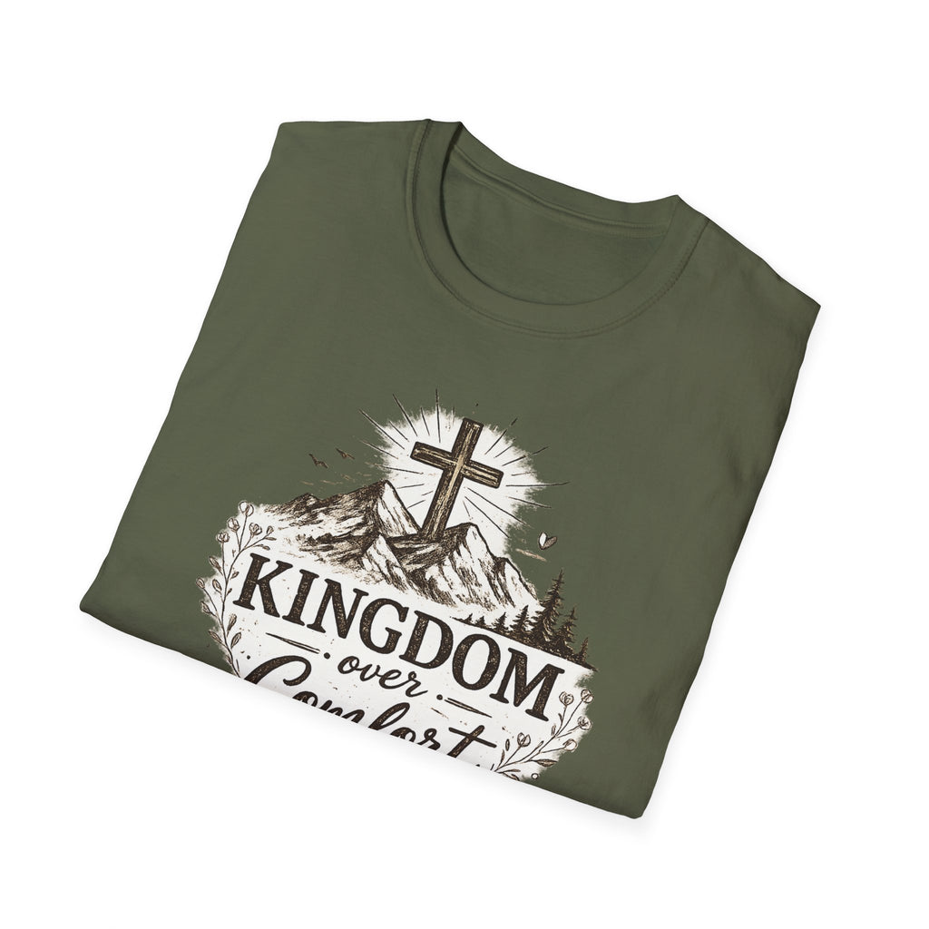 Kingdom Over Comfort Christian T-Shirt – Faith Cross Mountain Graphic