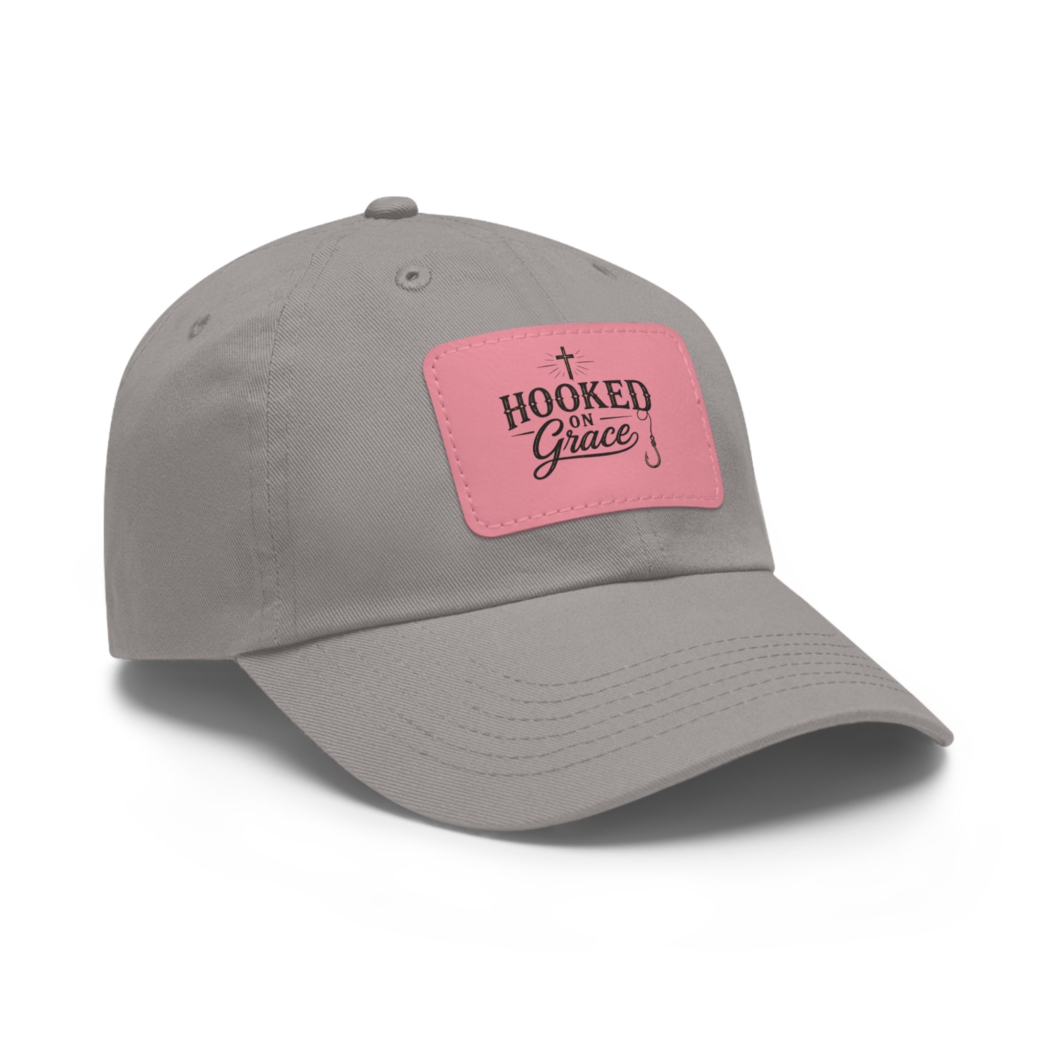 Hooked on Grace Leather Patch Dad Hat — Fishing Faith Embroidered Cap
