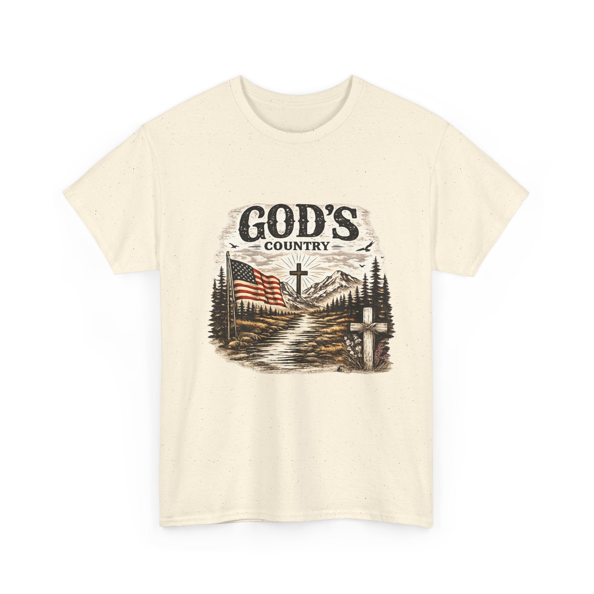 God's Country T-Shirt — American Flag, Cross & Rustic Mountain Vintage Graphic Tee