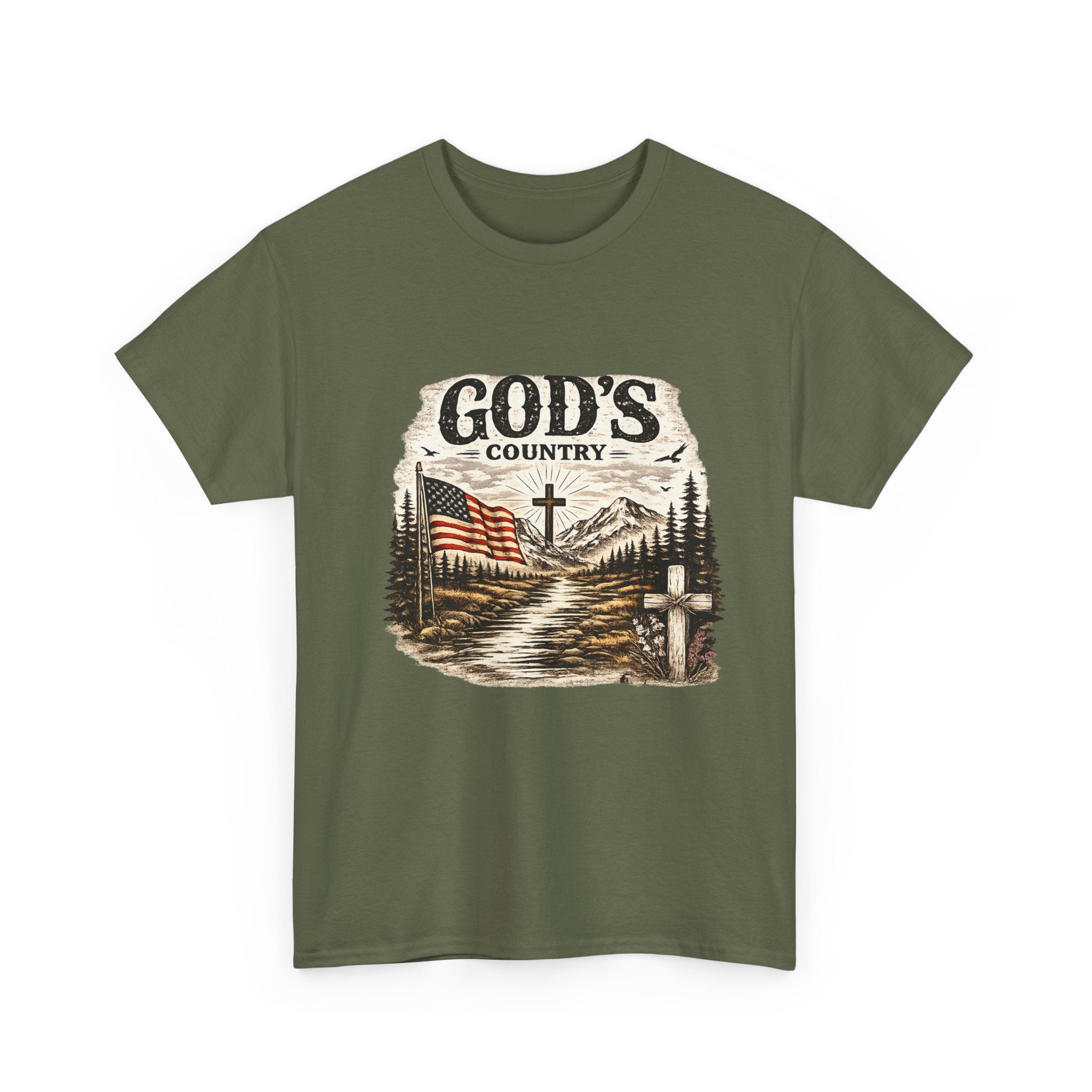 God's Country T-Shirt — American Flag, Cross & Rustic Mountain Vintage Graphic Tee