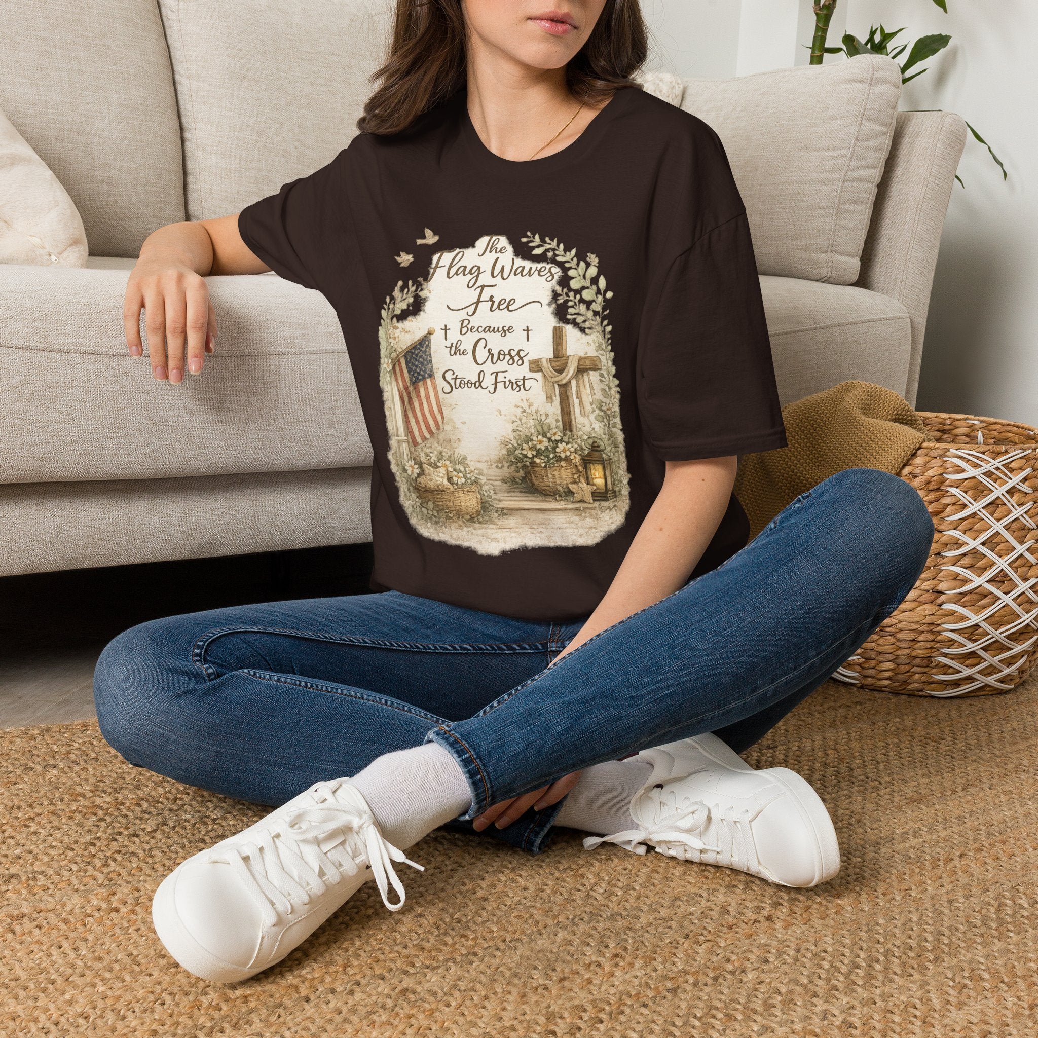 Christian Patriotic T-Shirt — “The Flag Waves Free Because the Cross Stood First”