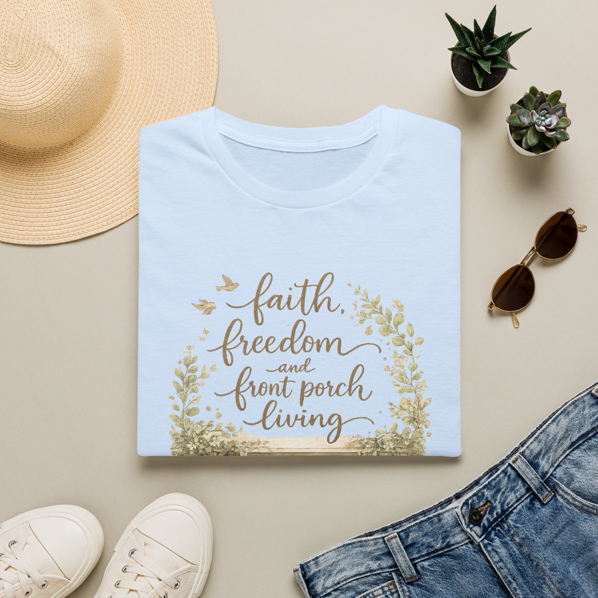 Faith, Freedom & Front Porch Living T-Shirt — Cozy Farmhouse Cottage Tee