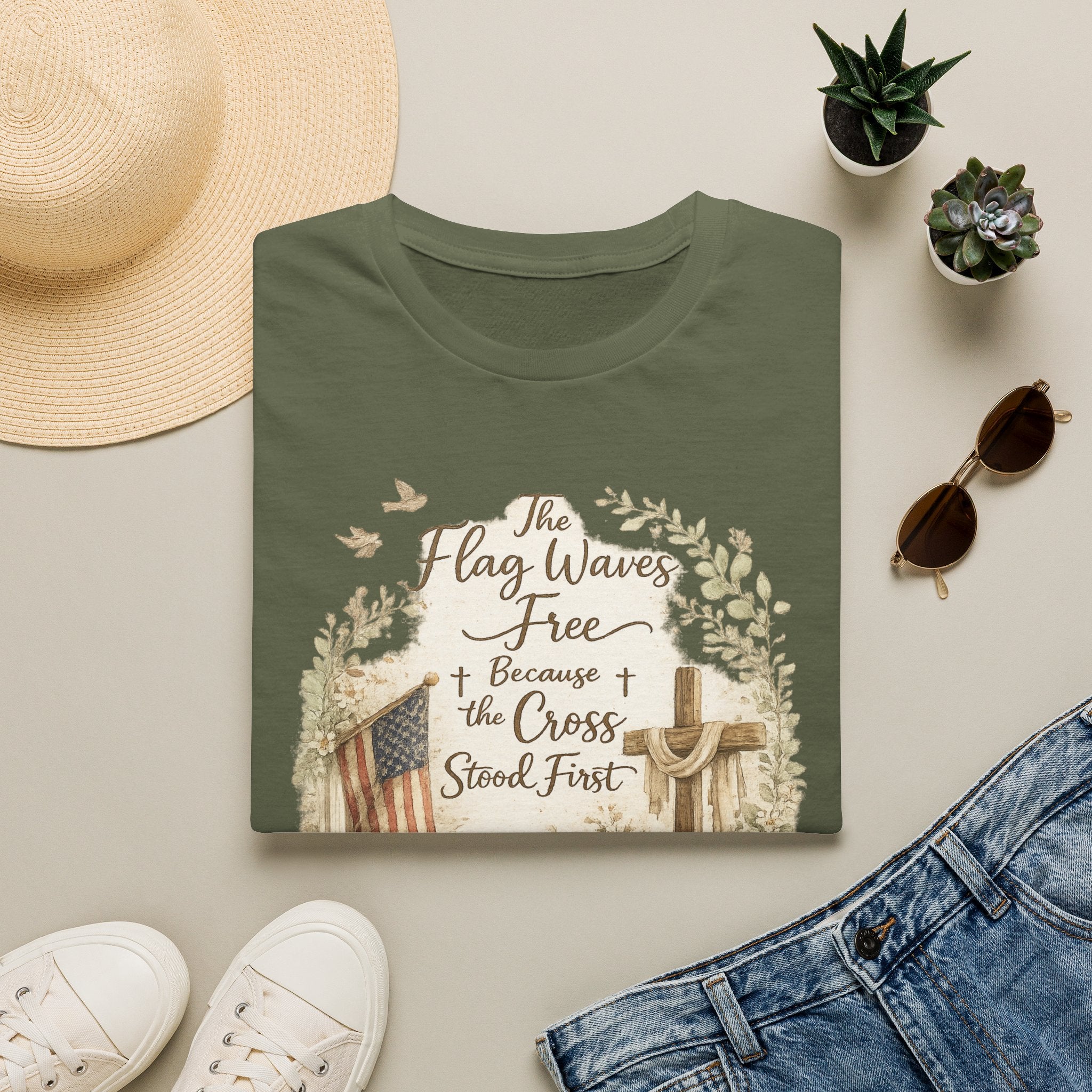 Christian Patriotic T-Shirt — “The Flag Waves Free Because the Cross Stood First”