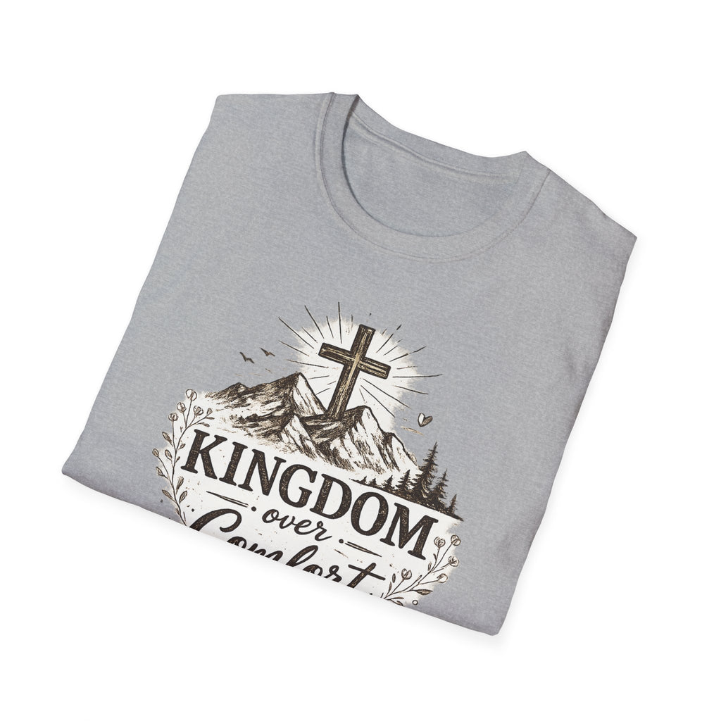 Kingdom Over Comfort Christian T-Shirt – Faith Cross Mountain Graphic