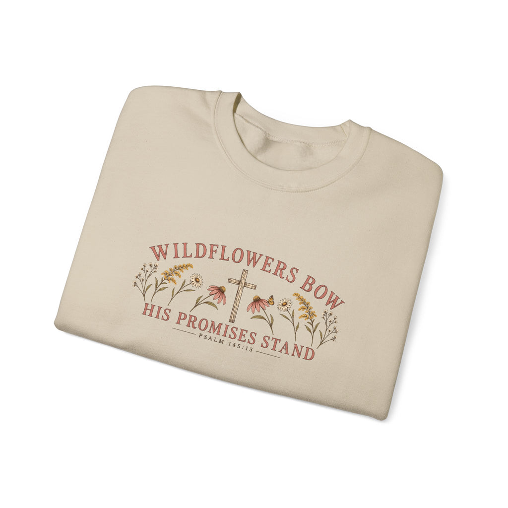 Wildflowers Bow Crewneck Sweatshirt — "His Promises Stand" Christian Floral Pullover