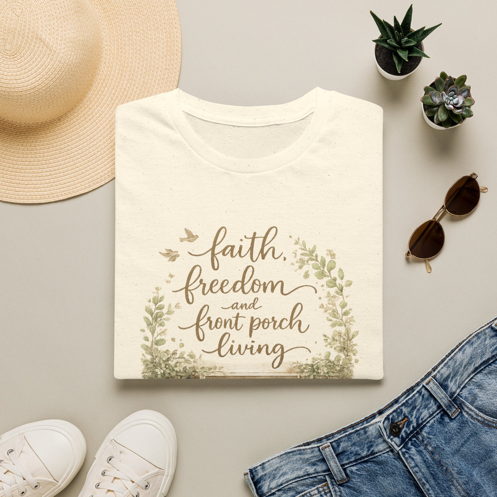 Faith, Freedom & Front Porch Living T-Shirt — Cozy Farmhouse Cottage Tee