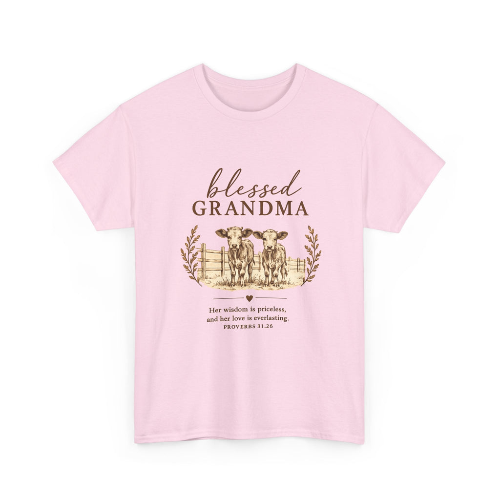 Blessed Grandma T-Shirt — Floral Cow Plaid Farmhouse Tee (Proverbs 31:28)