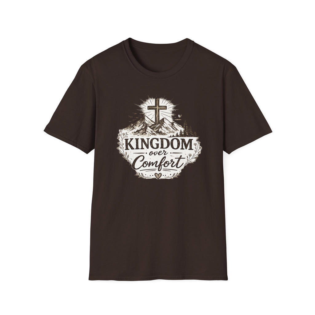 Kingdom Over Comfort Christian T-Shirt – Faith Cross Mountain Graphic