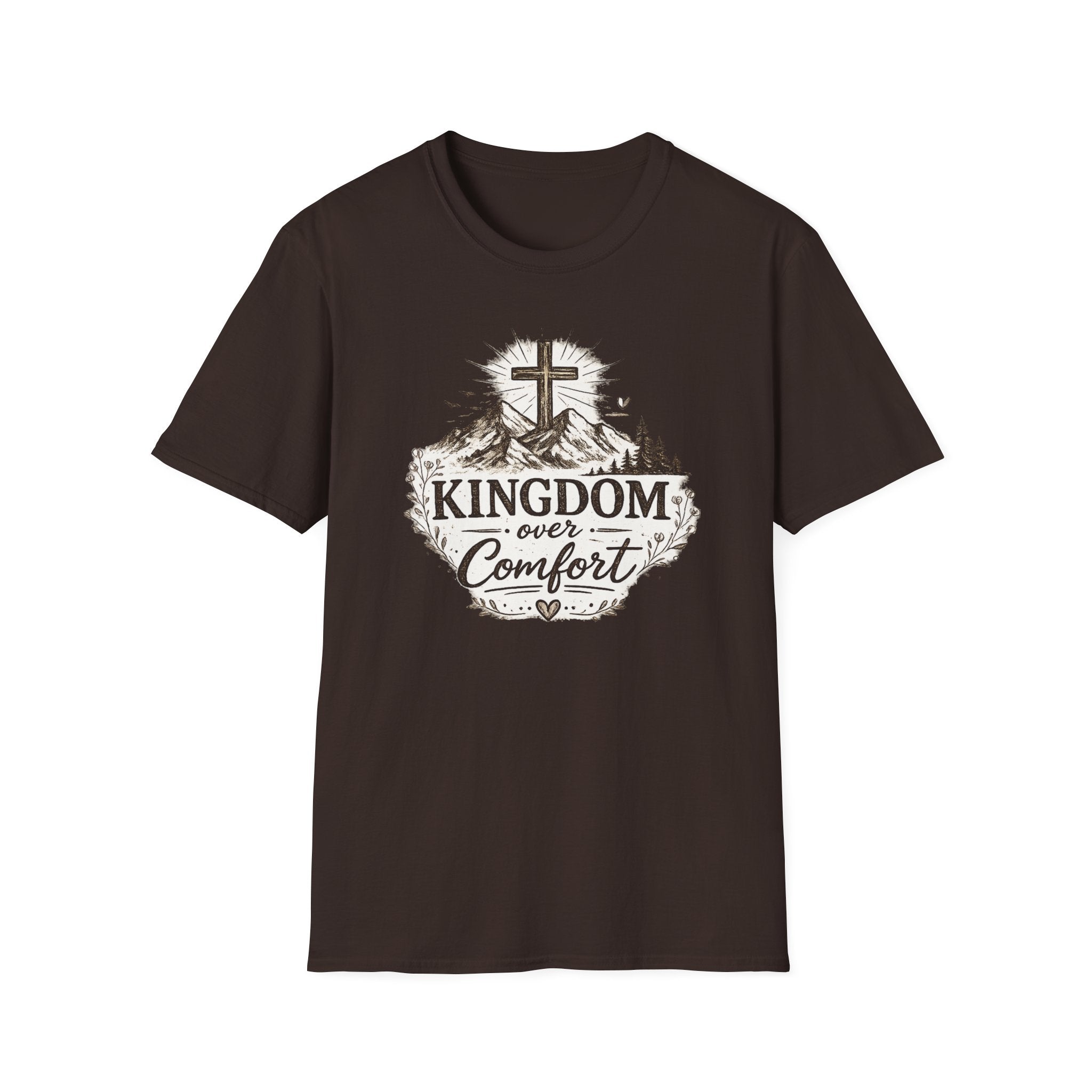 Kingdom Over Comfort Christian T-Shirt – Faith Cross Mountain Graphic