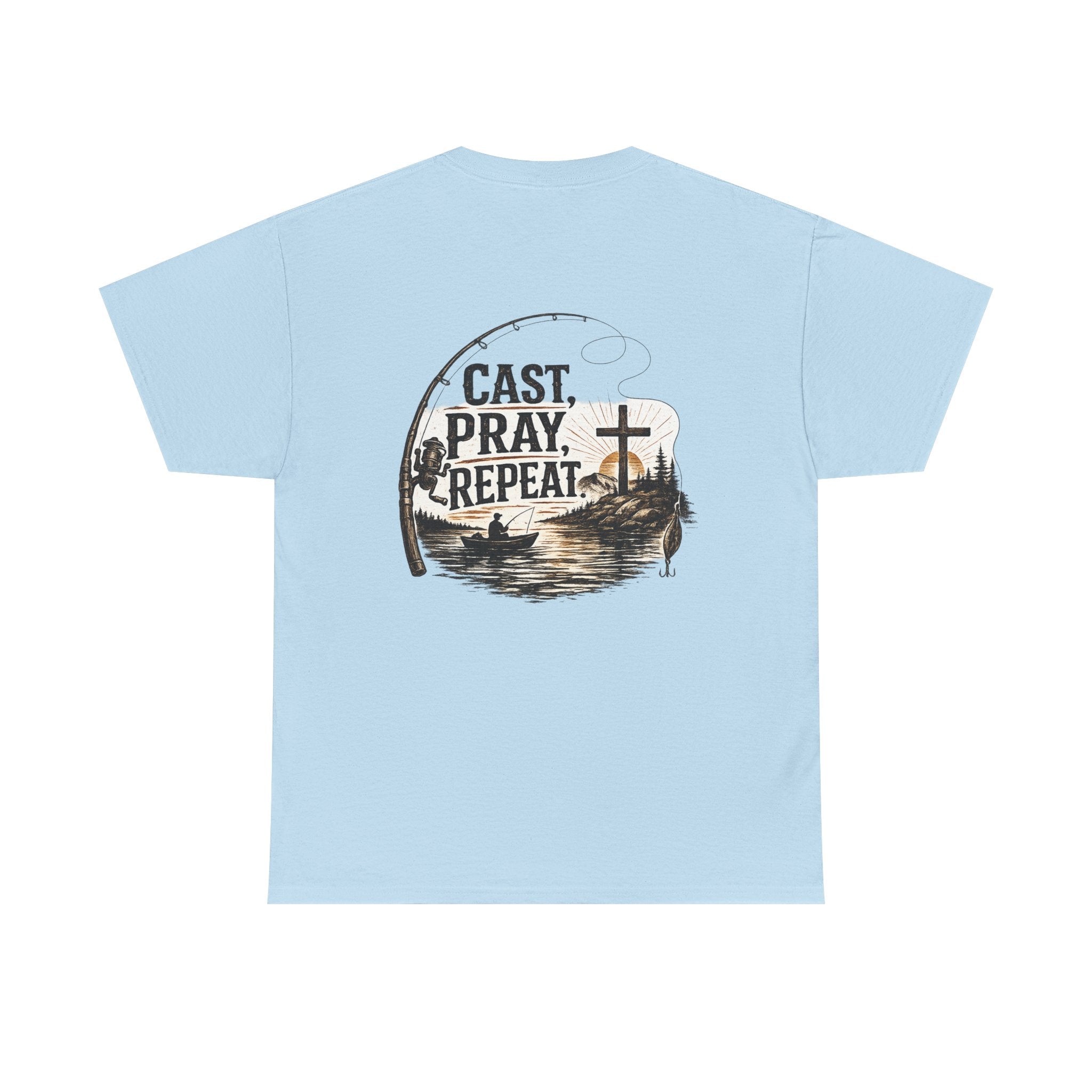Fishing T‑Shirt — "Cast. Pray. Repeat." Christian Fishing Tee