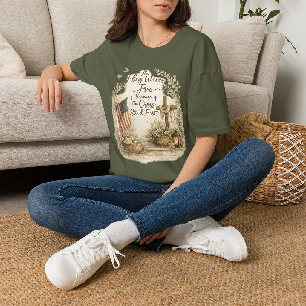 Christian Patriotic T-Shirt — “The Flag Waves Free Because the Cross Stood First”