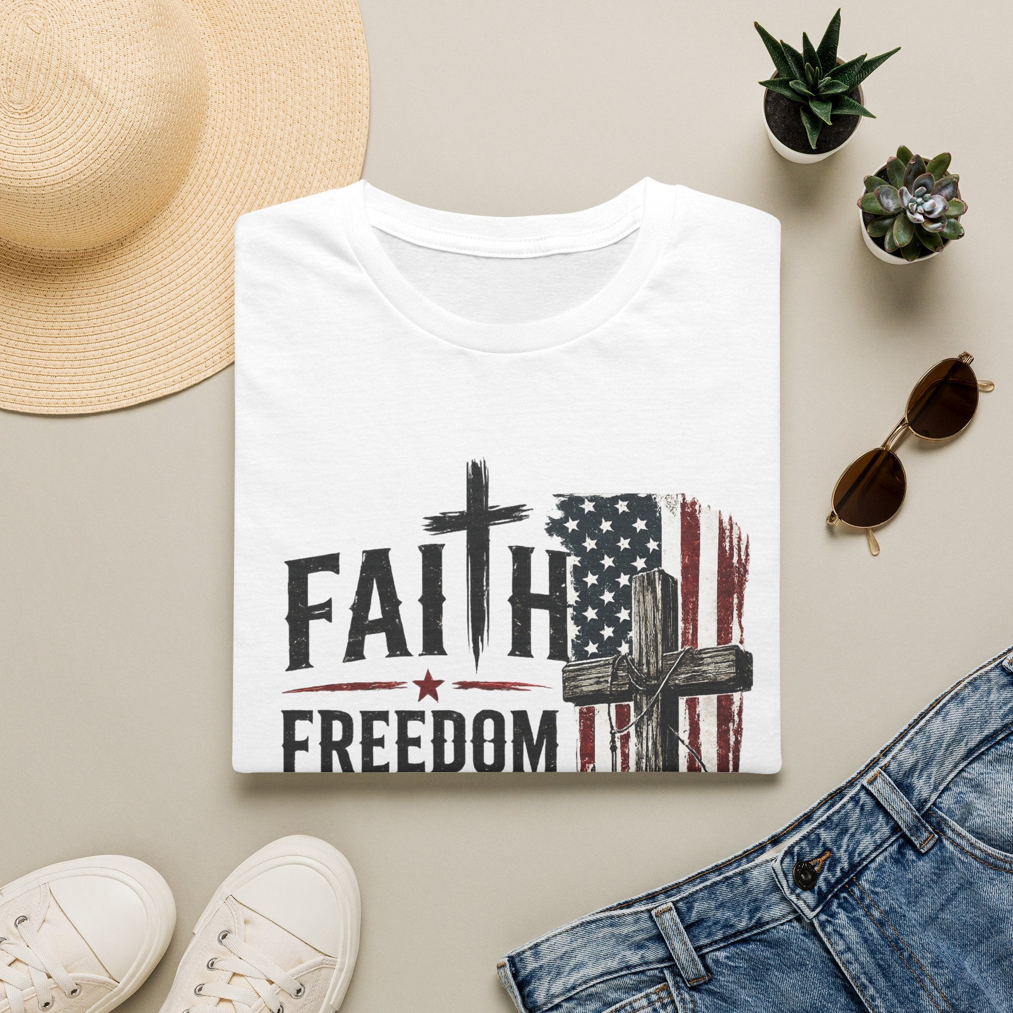 Faith & Freedom T-Shirt — American Flag Cross Fishing Graphic