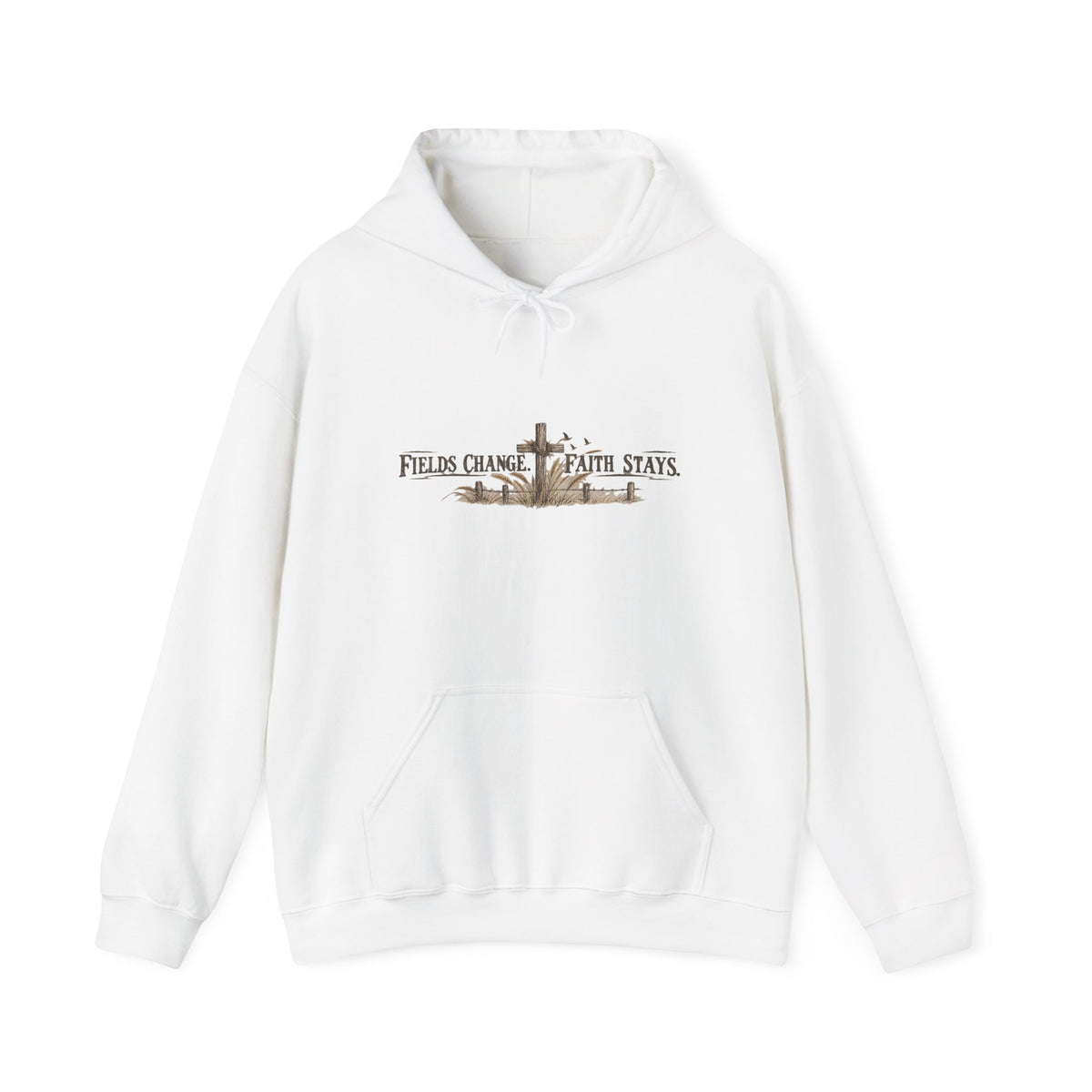 Faith Farm Hoodie — "Fields Change, Faith Stays" Cross Design