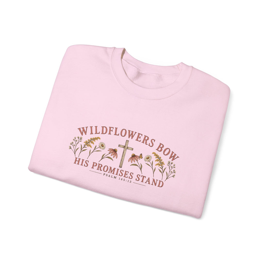 Wildflowers Bow Crewneck Sweatshirt — "His Promises Stand" Christian Floral Pullover