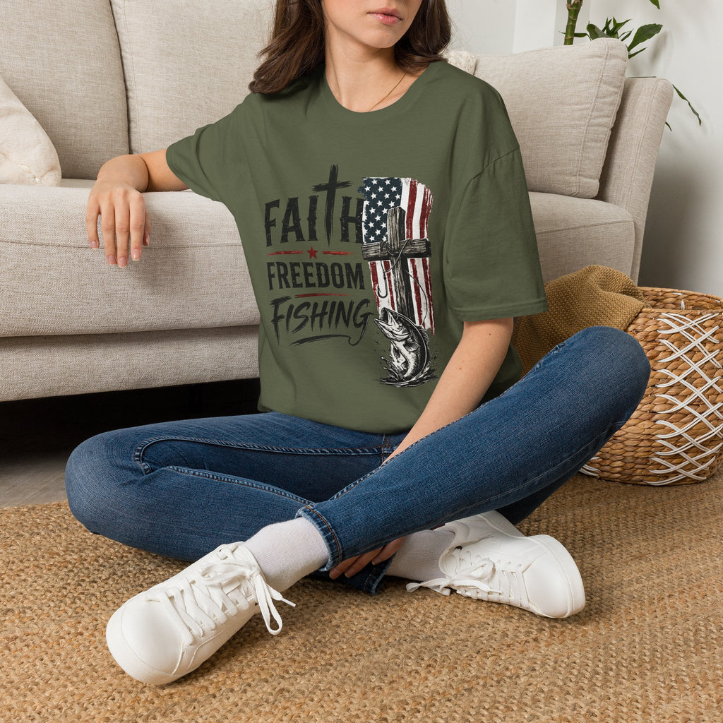 Faith & Freedom T-Shirt — American Flag Cross Fishing Graphic