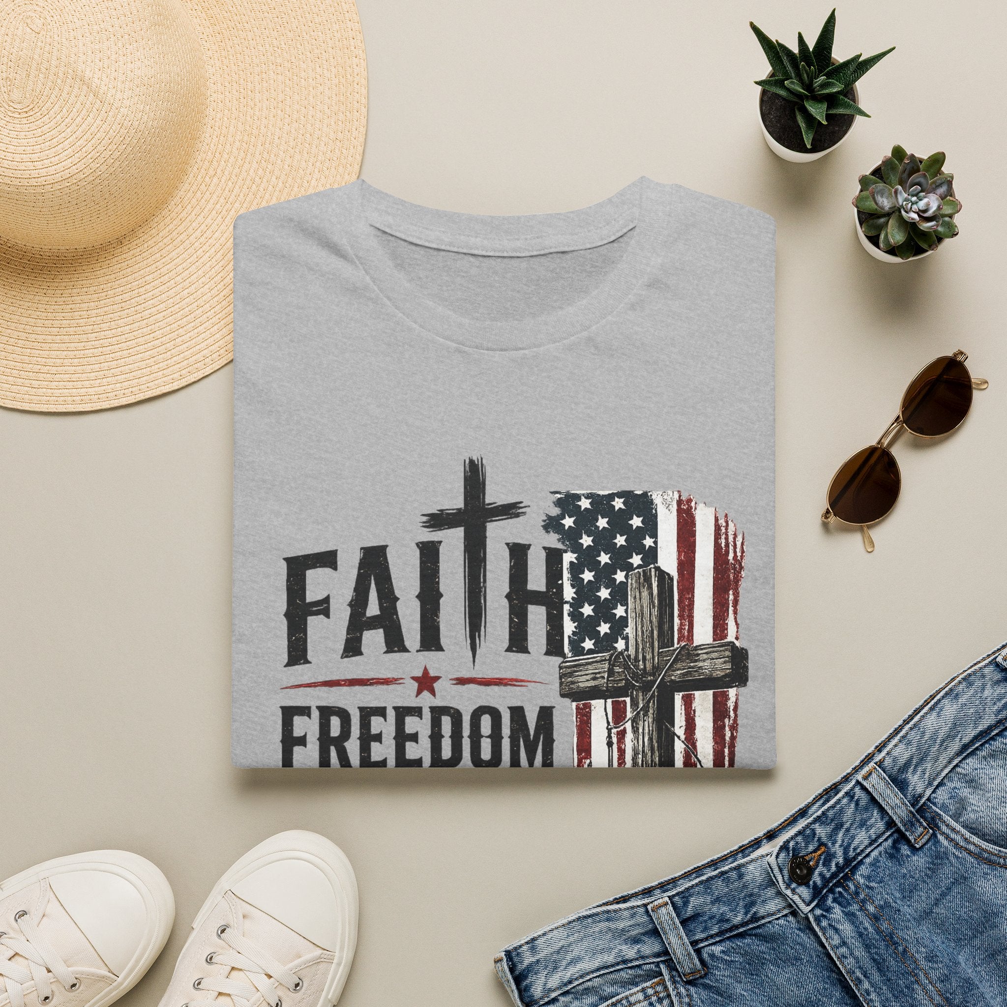 Faith & Freedom T-Shirt — American Flag Cross Fishing Graphic
