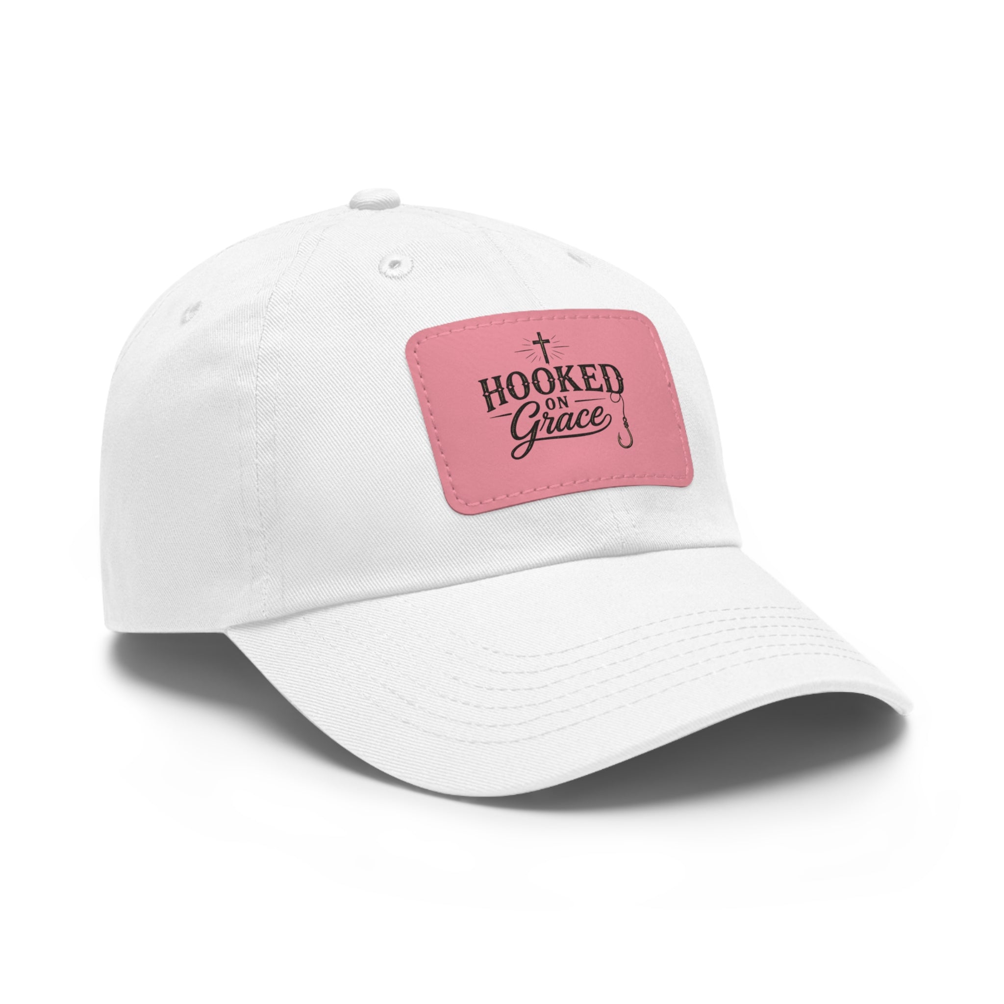Hooked on Grace Leather Patch Dad Hat — Fishing Faith Embroidered Cap