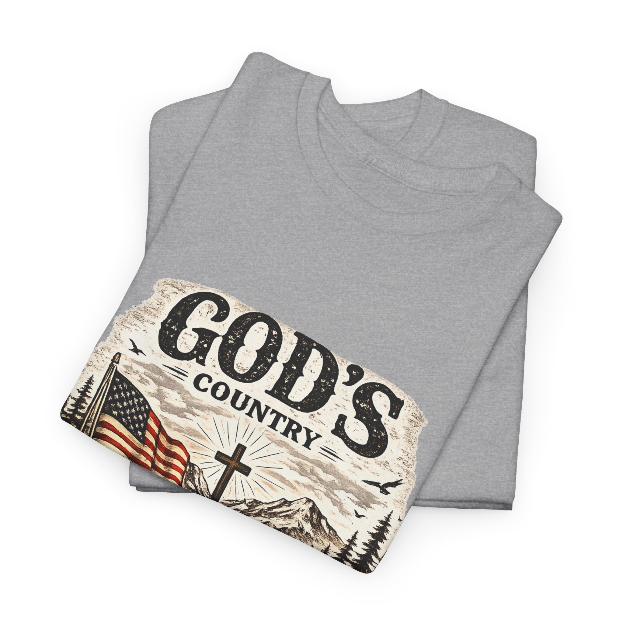 God's Country T-Shirt — American Flag, Cross & Rustic Mountain Vintage Graphic Tee