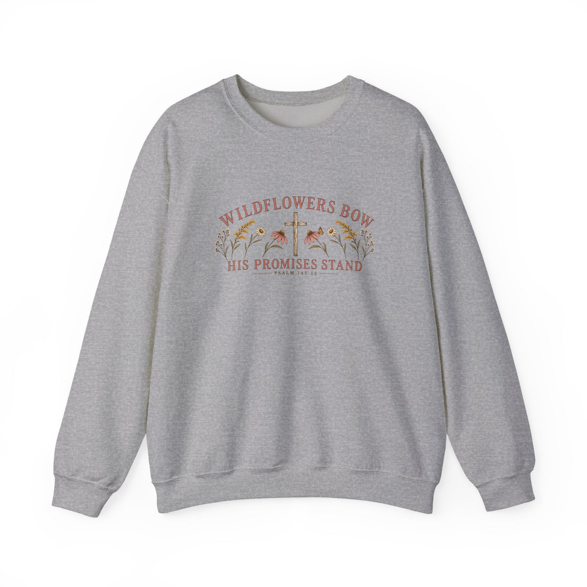 Wildflowers Bow Crewneck Sweatshirt — "His Promises Stand" Christian Floral Pullover