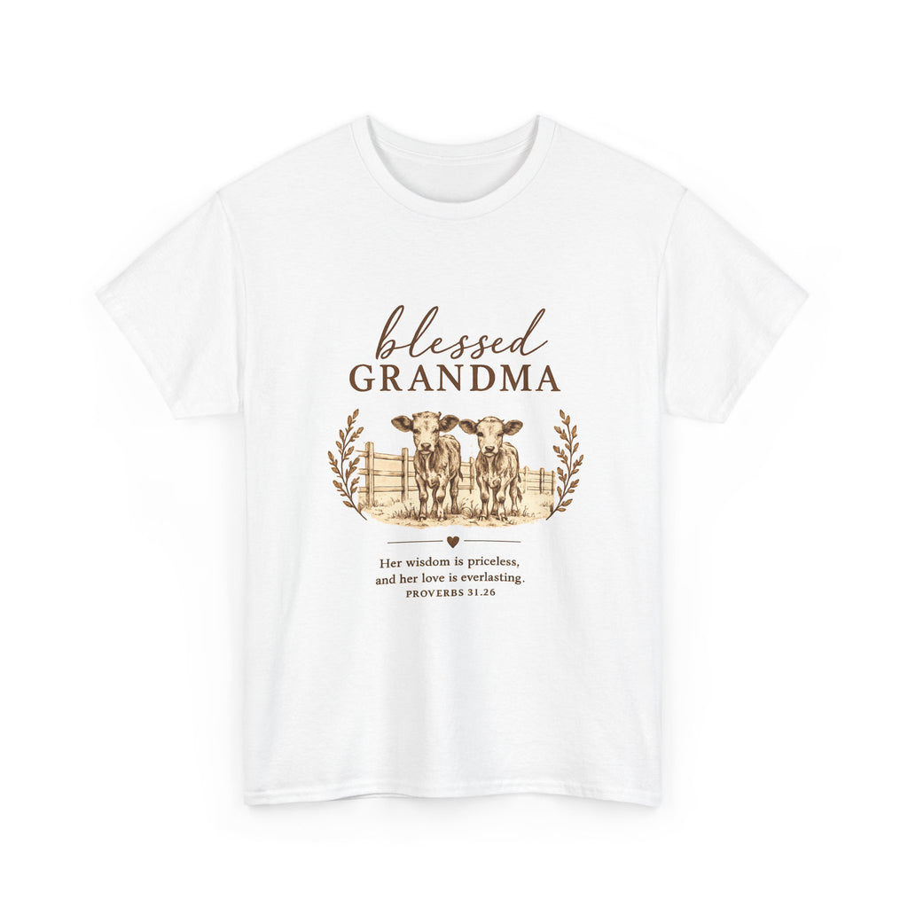 Blessed Grandma T-Shirt — Floral Cow Plaid Farmhouse Tee (Proverbs 31:28)