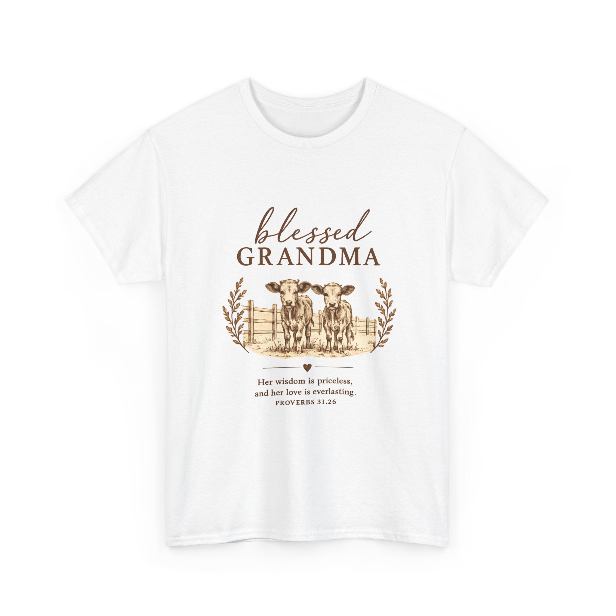 Blessed Grandma T-Shirt — Floral Cow Plaid Farmhouse Tee (Proverbs 31:28)