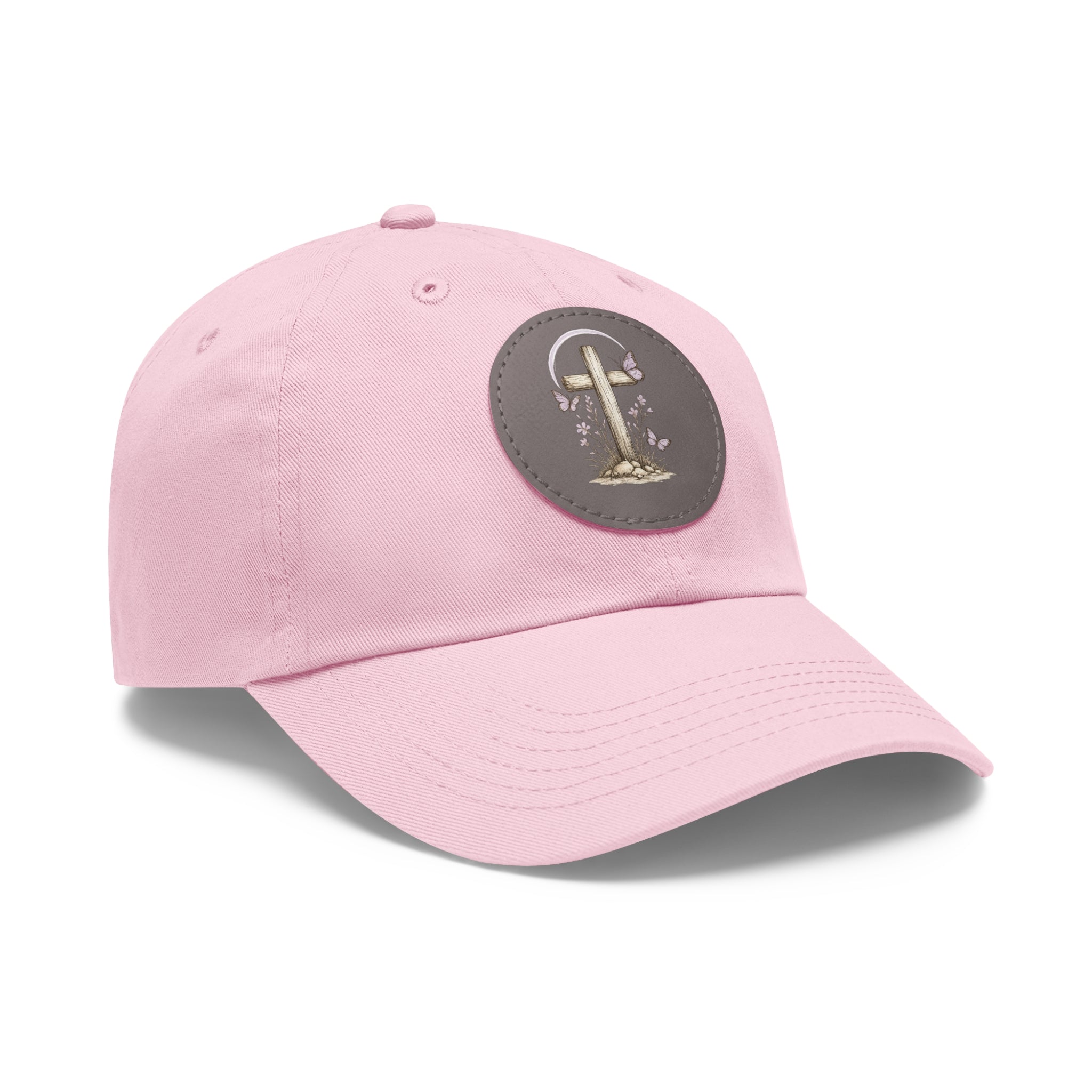 Dad Hat — Round Leather Patch Cross & Flowers Embroidered Design