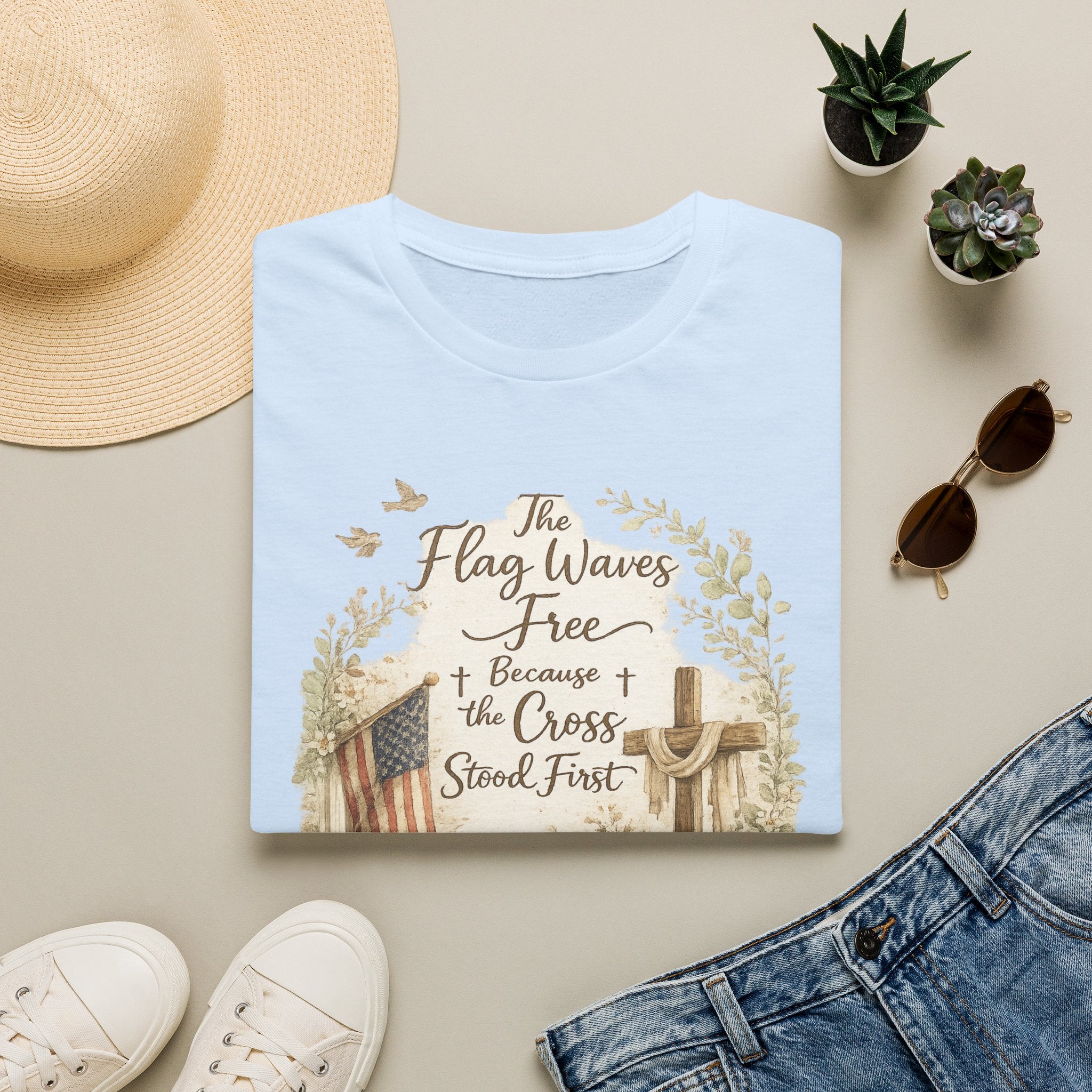 Christian Patriotic T-Shirt — “The Flag Waves Free Because the Cross Stood First”