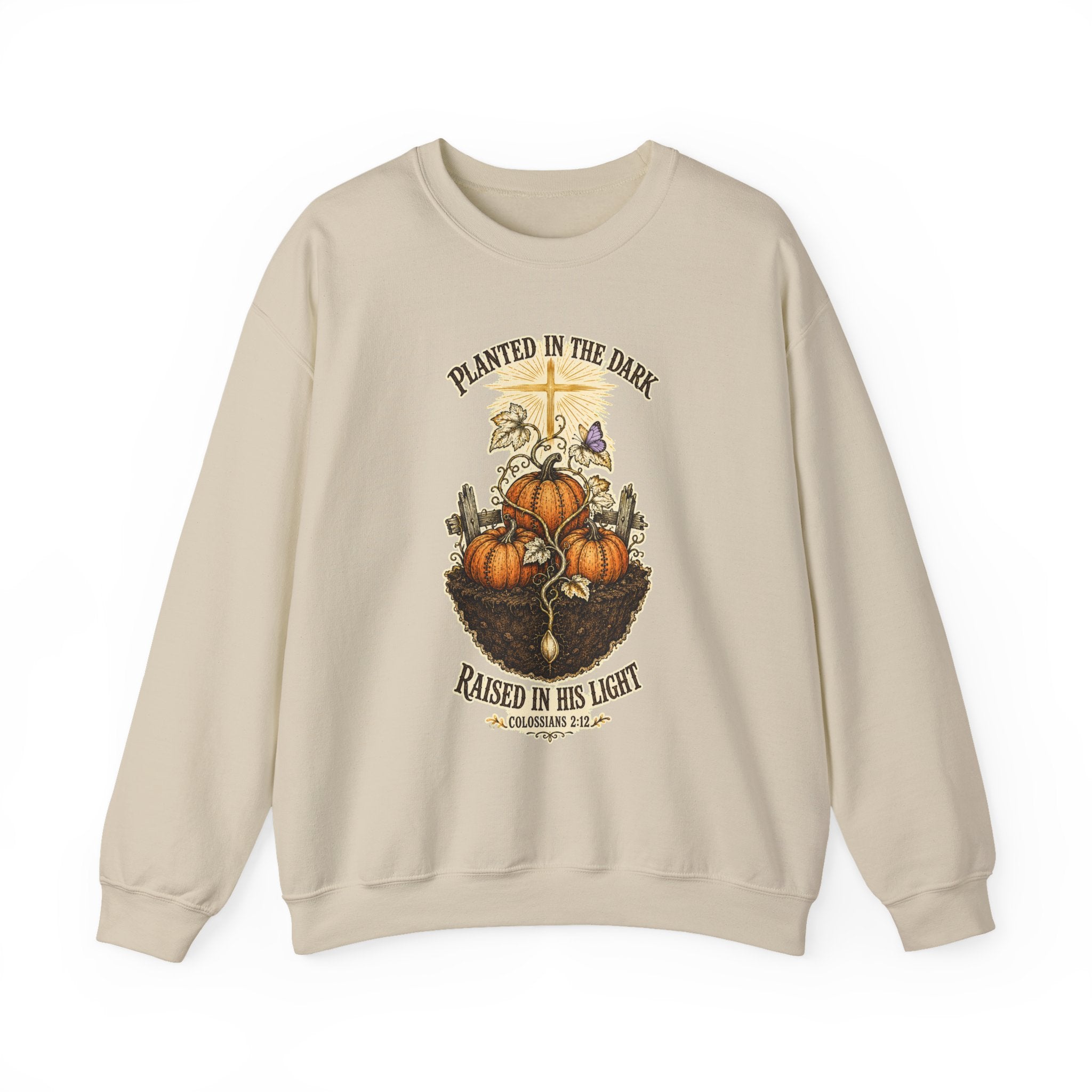 Autumn Pumpkin Crewneck Sweatshirt — "Planted in the Dark, Raised in His Light" Fall Christian Pullover
