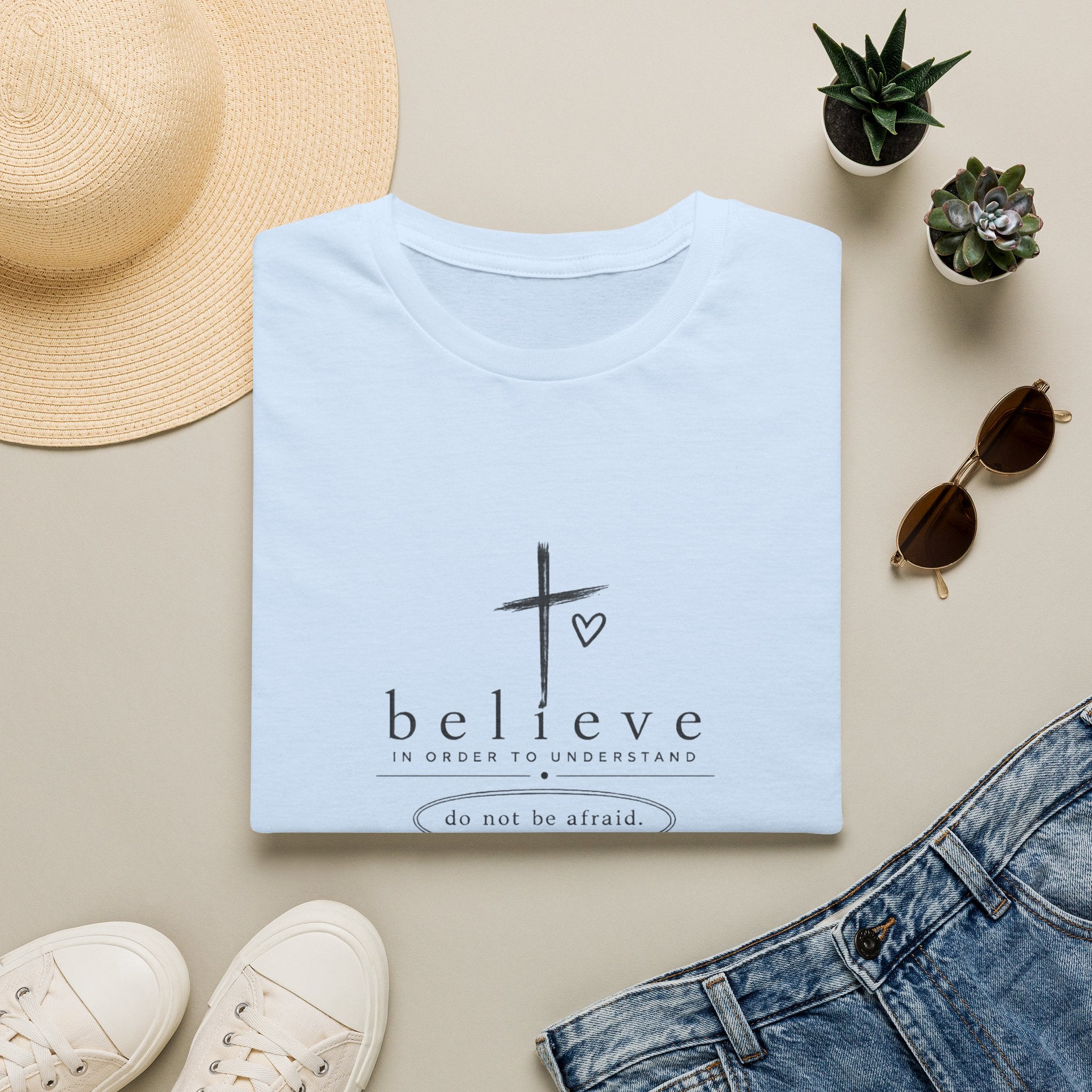 Believe Cross T‑Shirt — 'Believe in Order to Understand' Christian Faith Tee