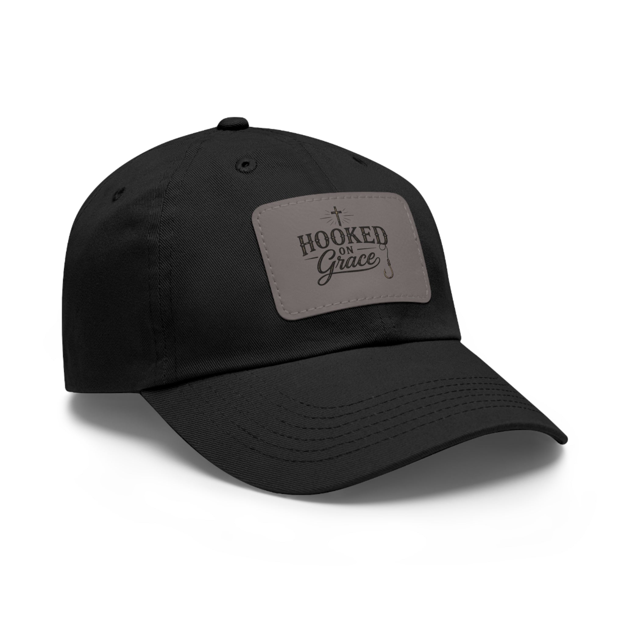 Hooked on Grace Leather Patch Dad Hat — Fishing Faith Embroidered Cap