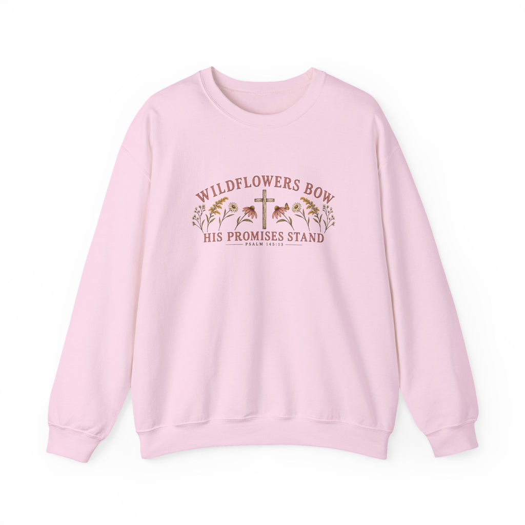 Wildflowers Bow Crewneck Sweatshirt — "His Promises Stand" Christian Floral Pullover