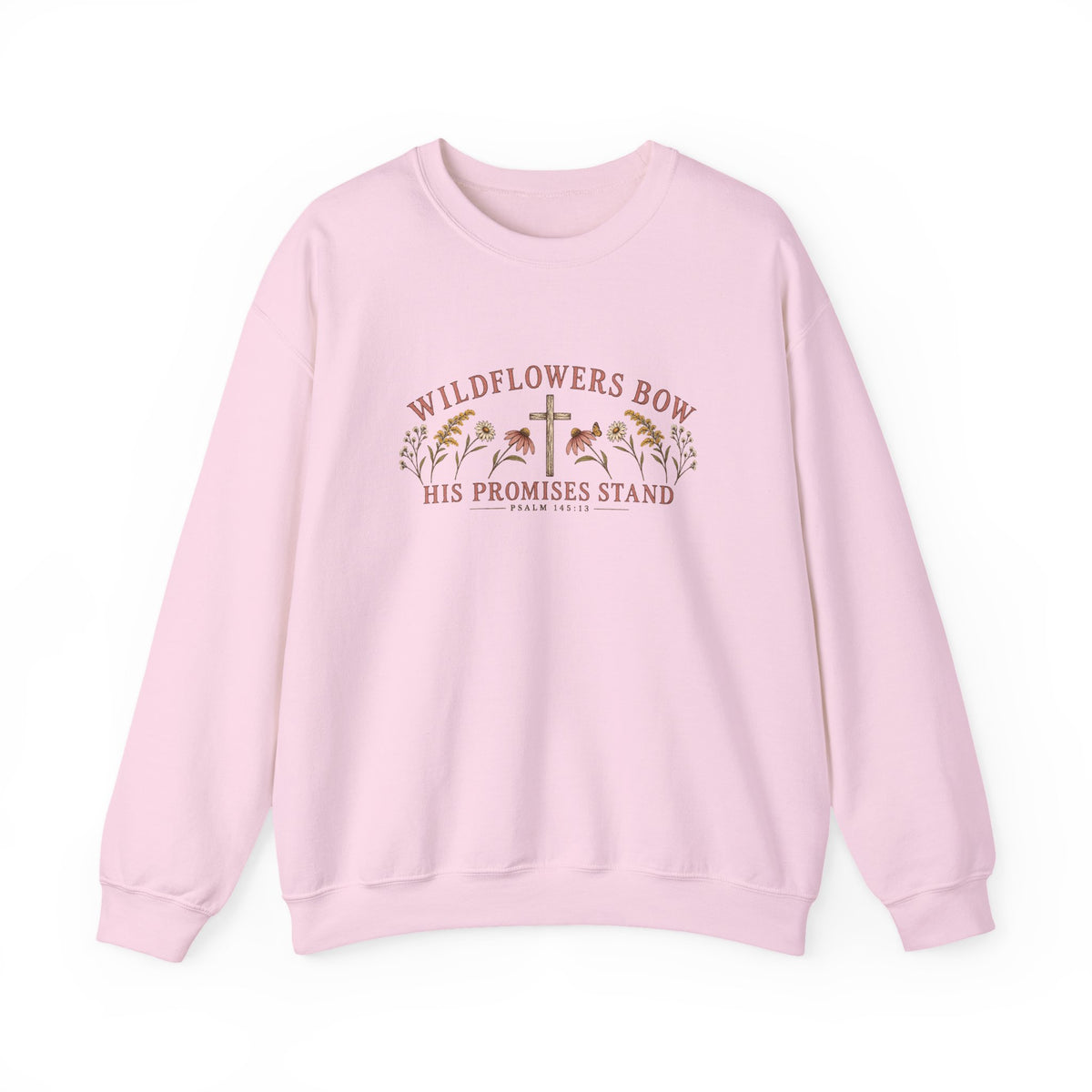 Wildflowers Bow Crewneck Sweatshirt — "His Promises Stand" Christian Floral Pullover