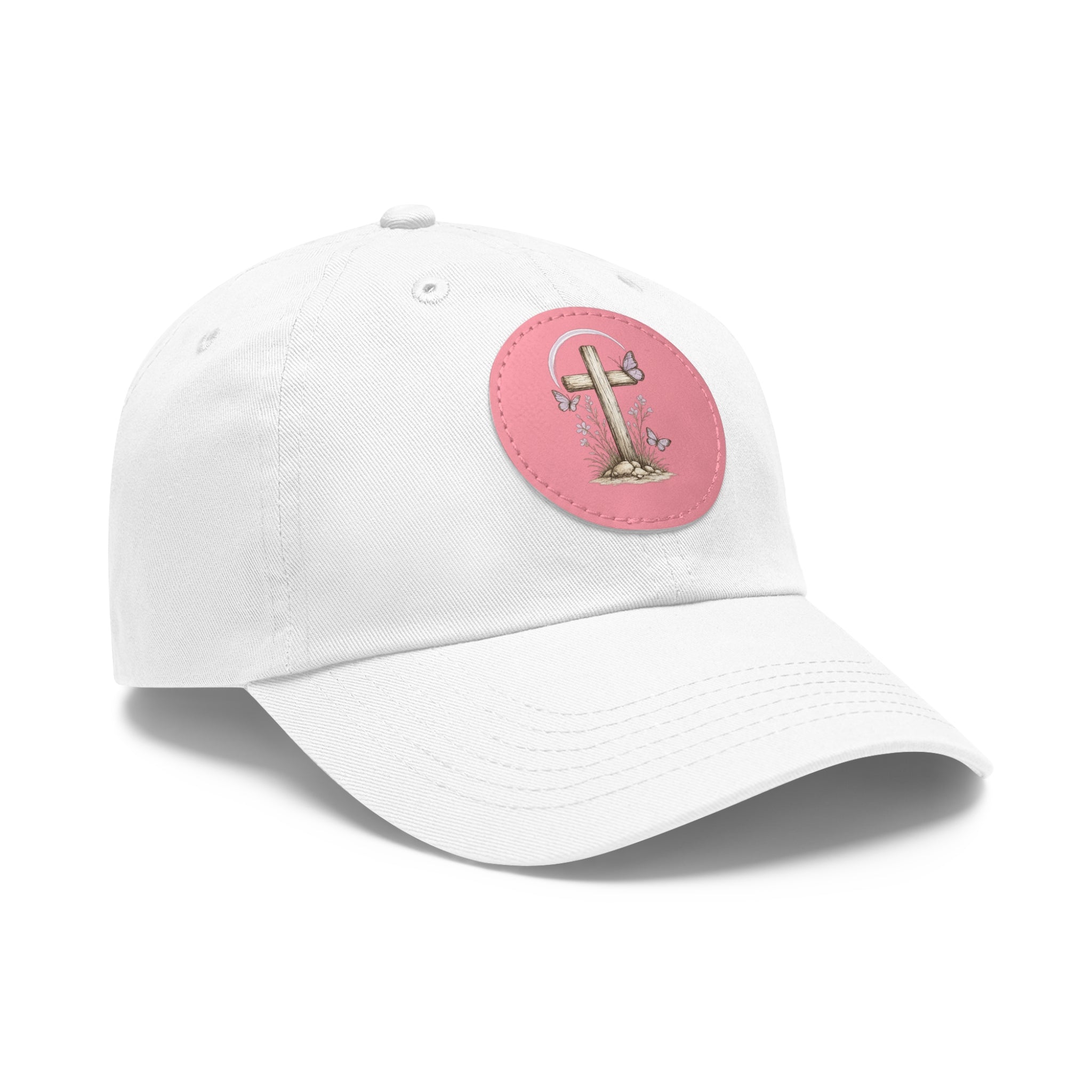 Dad Hat — Round Leather Patch Cross & Flowers Embroidered Design