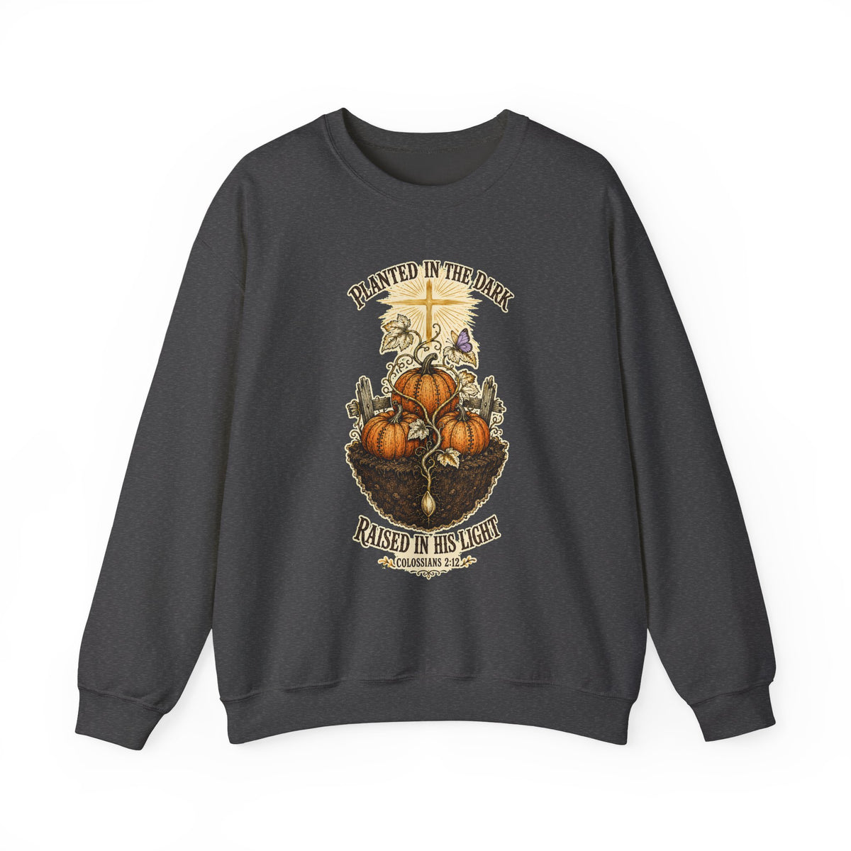 Autumn Pumpkin Crewneck Sweatshirt — "Planted in the Dark, Raised in His Light" Fall Christian Pullover