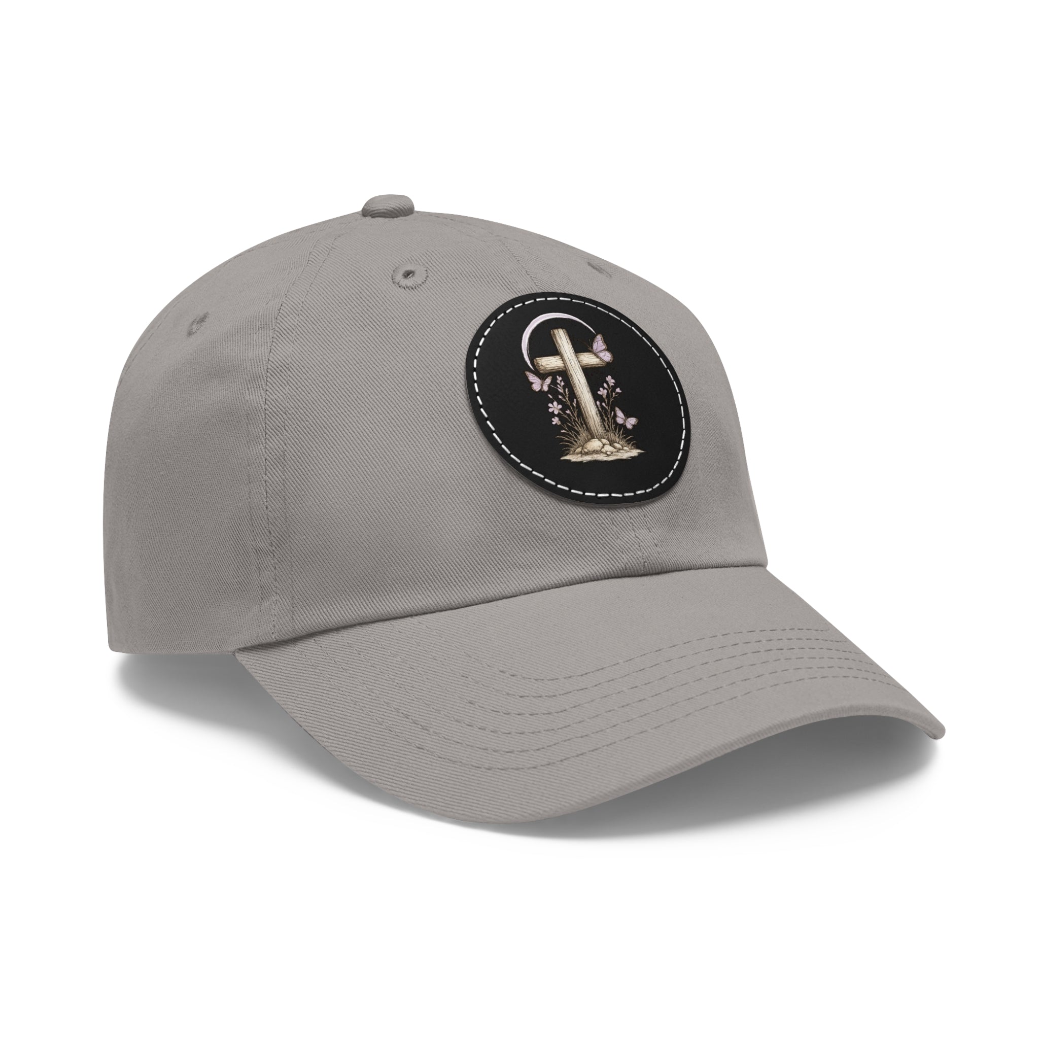 Dad Hat — Round Leather Patch Cross & Flowers Embroidered Design