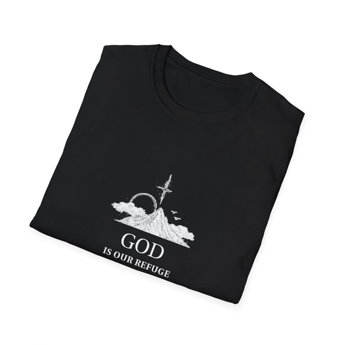 God Psalm 46:1 T-Shirt — Faith-Based Christian Tee with Cross & Mountain Design