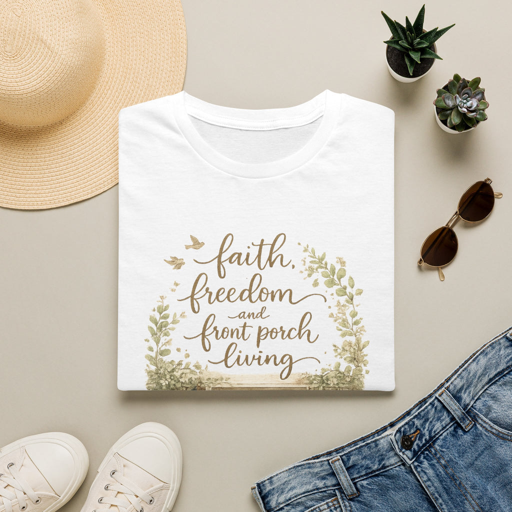 Faith, Freedom & Front Porch Living T-Shirt — Cozy Farmhouse Cottage Tee