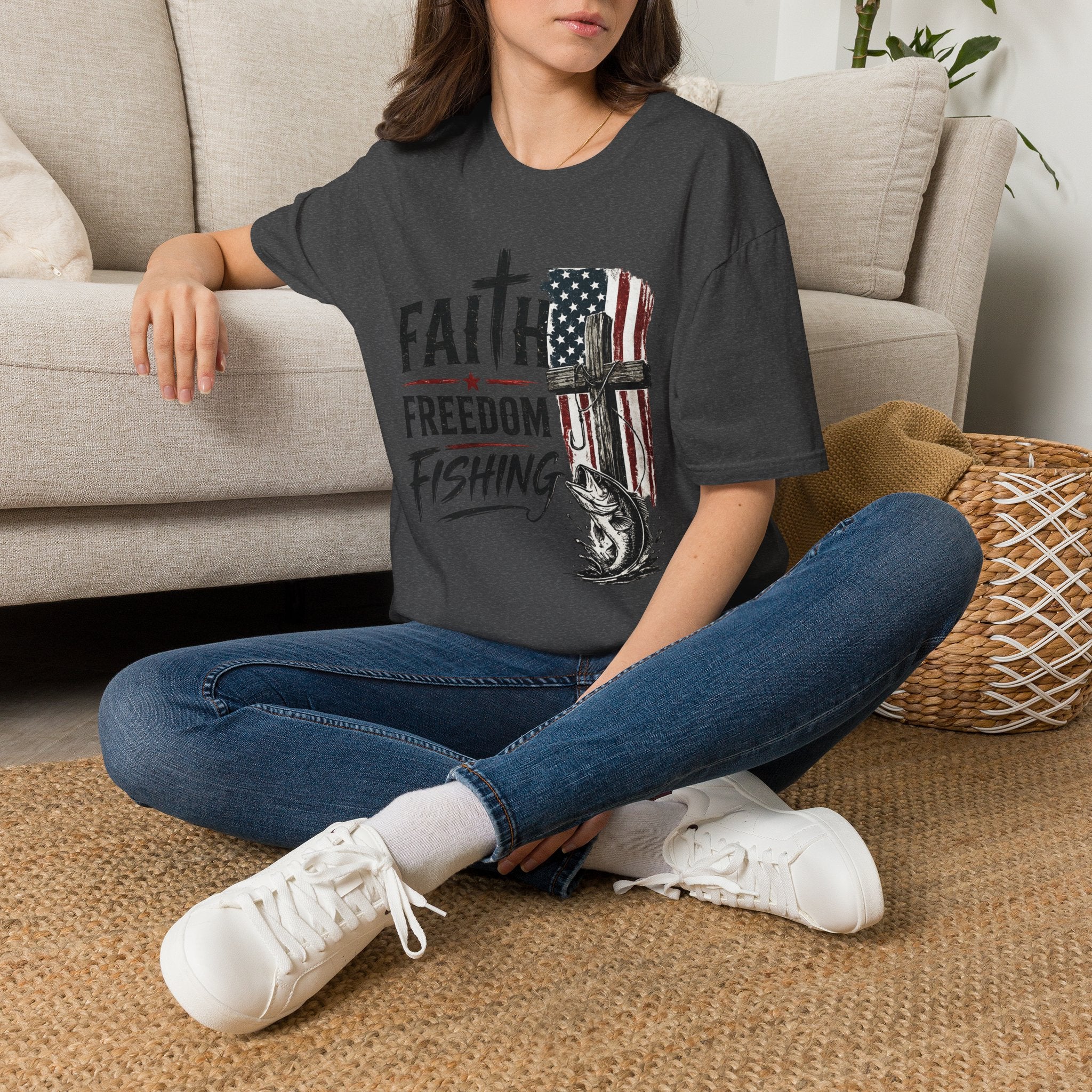 Faith & Freedom T-Shirt — American Flag Cross Fishing Graphic