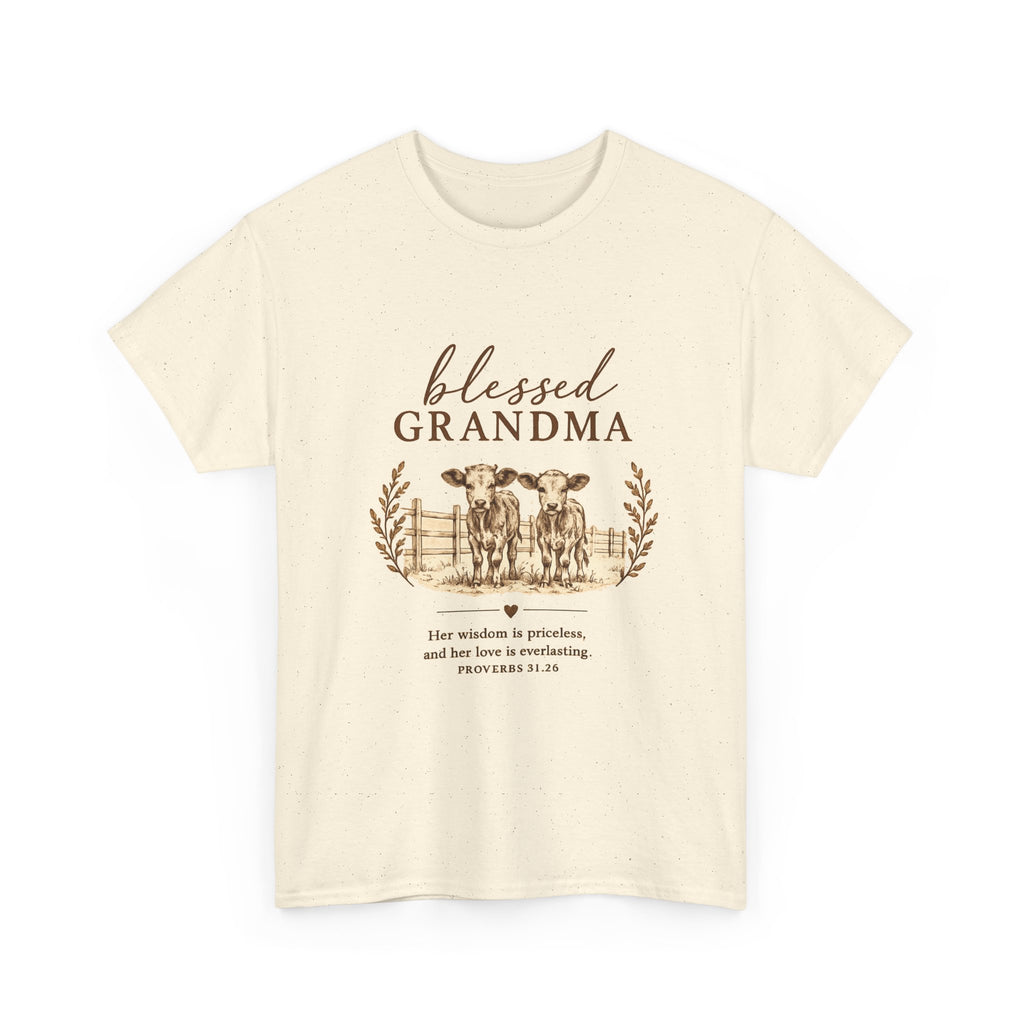 Blessed Grandma T-Shirt — Floral Cow Plaid Farmhouse Tee (Proverbs 31:28)