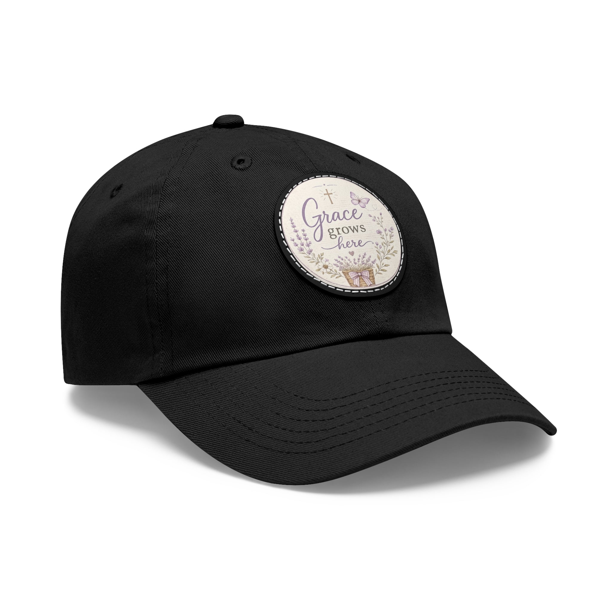 Grace Grows Here Dad Hat — Embroidered Round Leather Patch Christian Baseball Cap
