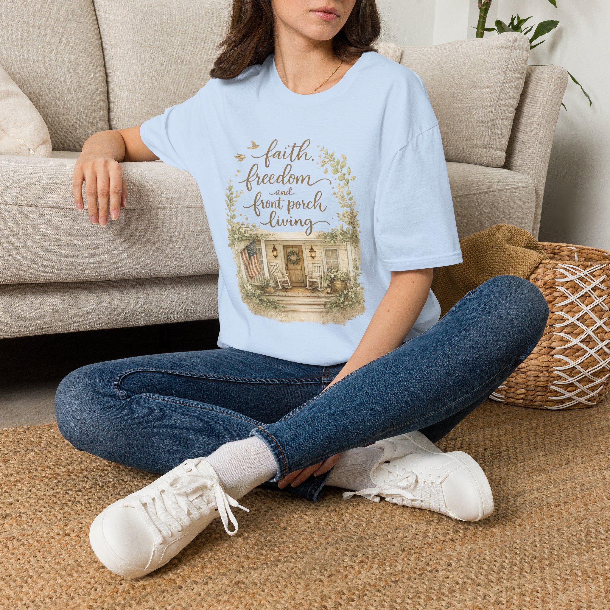 Faith, Freedom & Front Porch Living T-Shirt — Cozy Farmhouse Cottage Tee